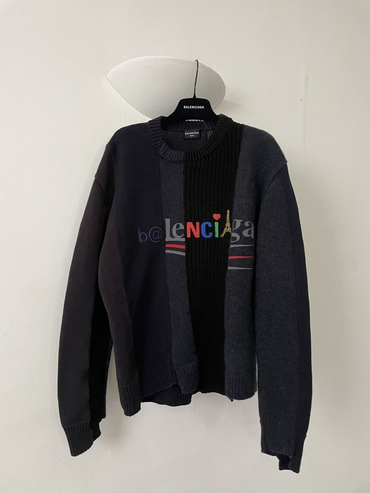 image of Balenciaga Grail 2020 Cut-Up Knit Crewneck Sweater in Black, Men's (Size XS)