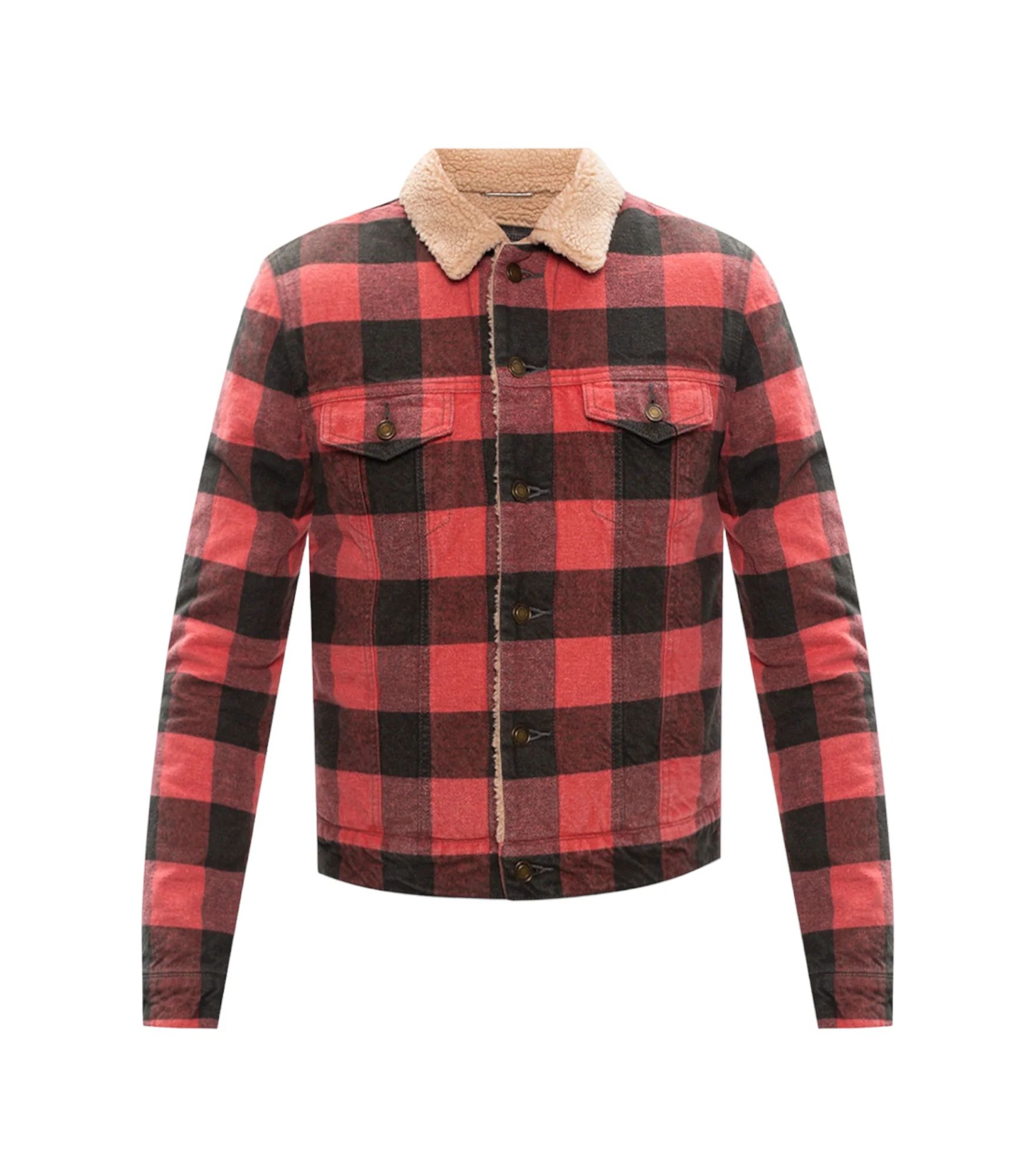 Pre-owned Saint Laurent Fitted Check Denim Jacket Shearling In Red