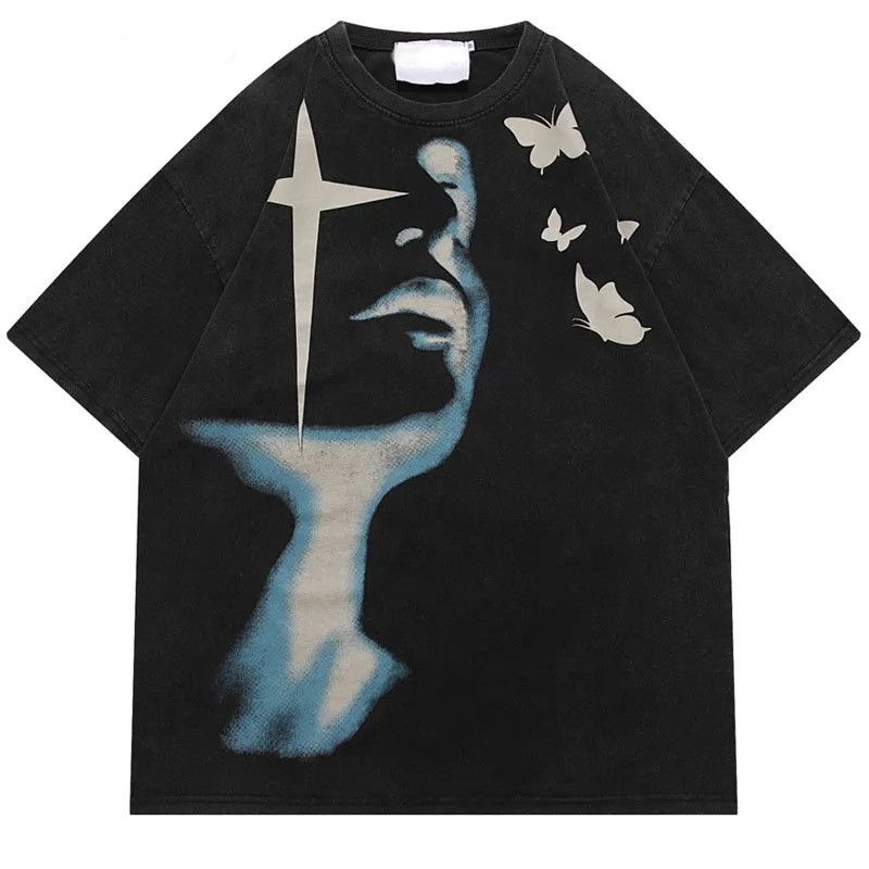 Hiphop Butterfly Shadow Graphic Washed Tee
