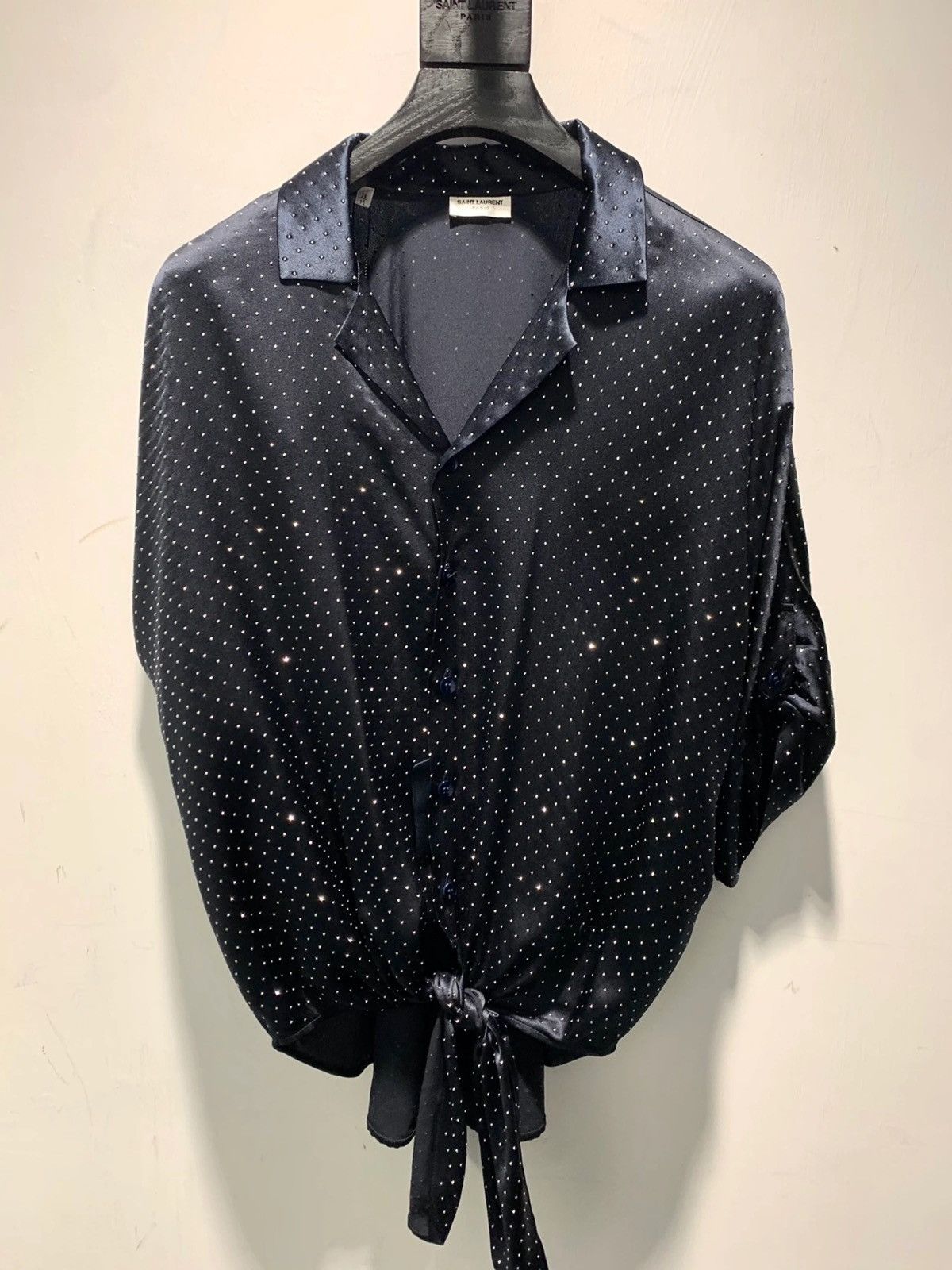Saint Laurent Paris SS20 Tie-Up Micro Studs Embellished Satin Shirt Sz41 Size US M / EU 48-50 / 2 - 1 Thumbnail