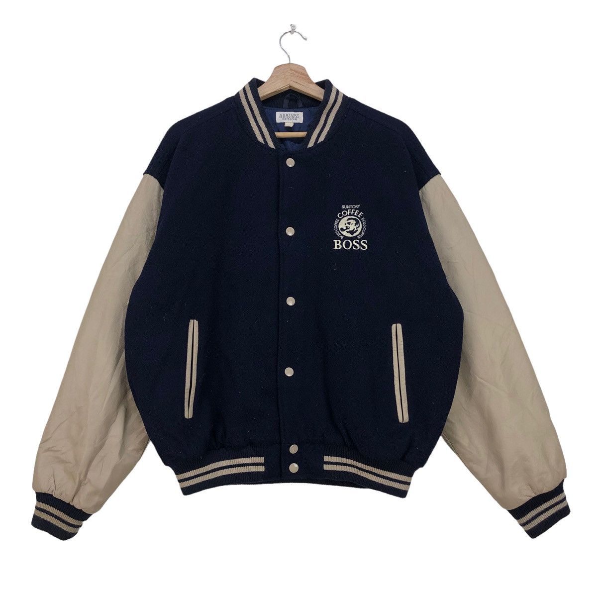 image of Varsity Jacket x Vintage Varsity Suntory Coffee Letterman Embroidered Logo in Navy (Size Large)