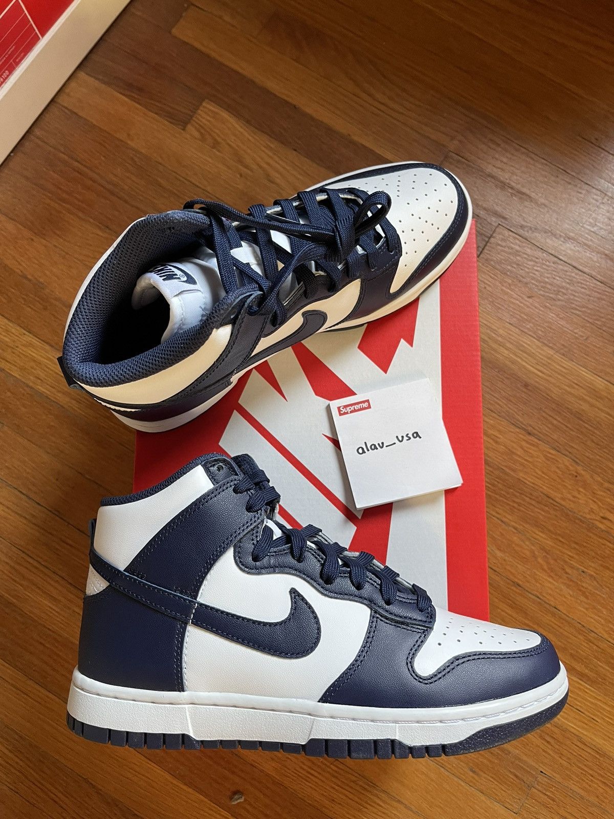 image of Nike Dunk High Championship Navy Shoes in White/Navy, Men's (Size 7)