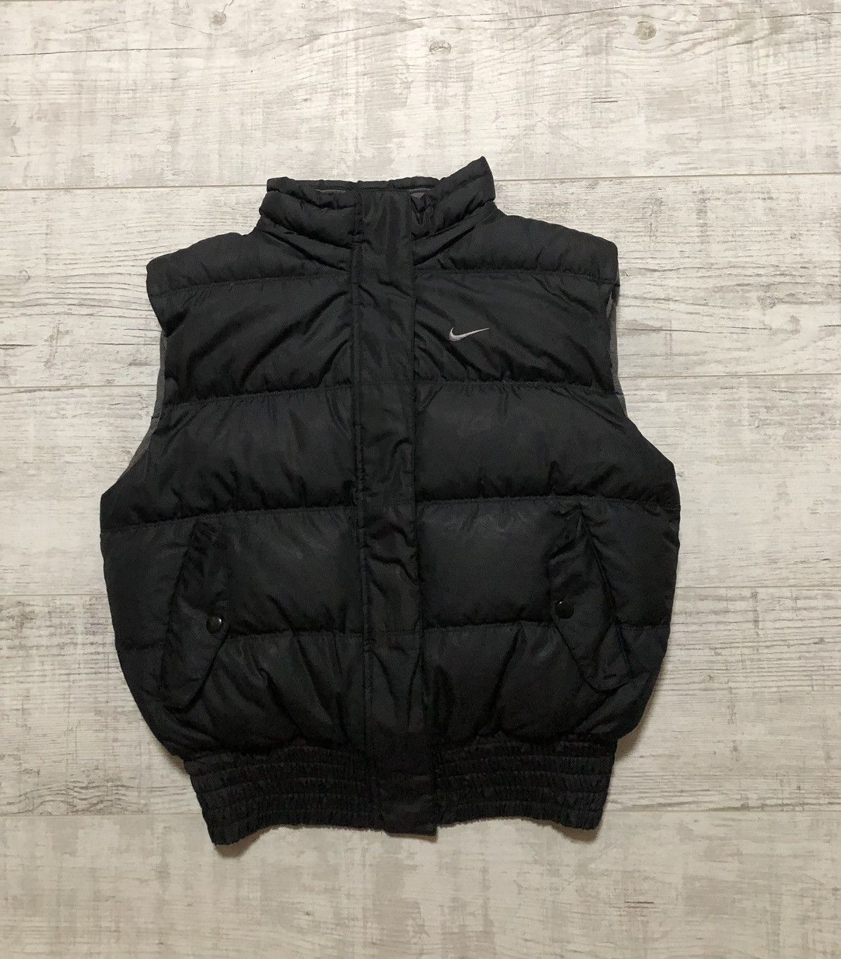 image of Y2K Nike Nylon Drill Black Puffer Down Vest, Women's (Size Small)