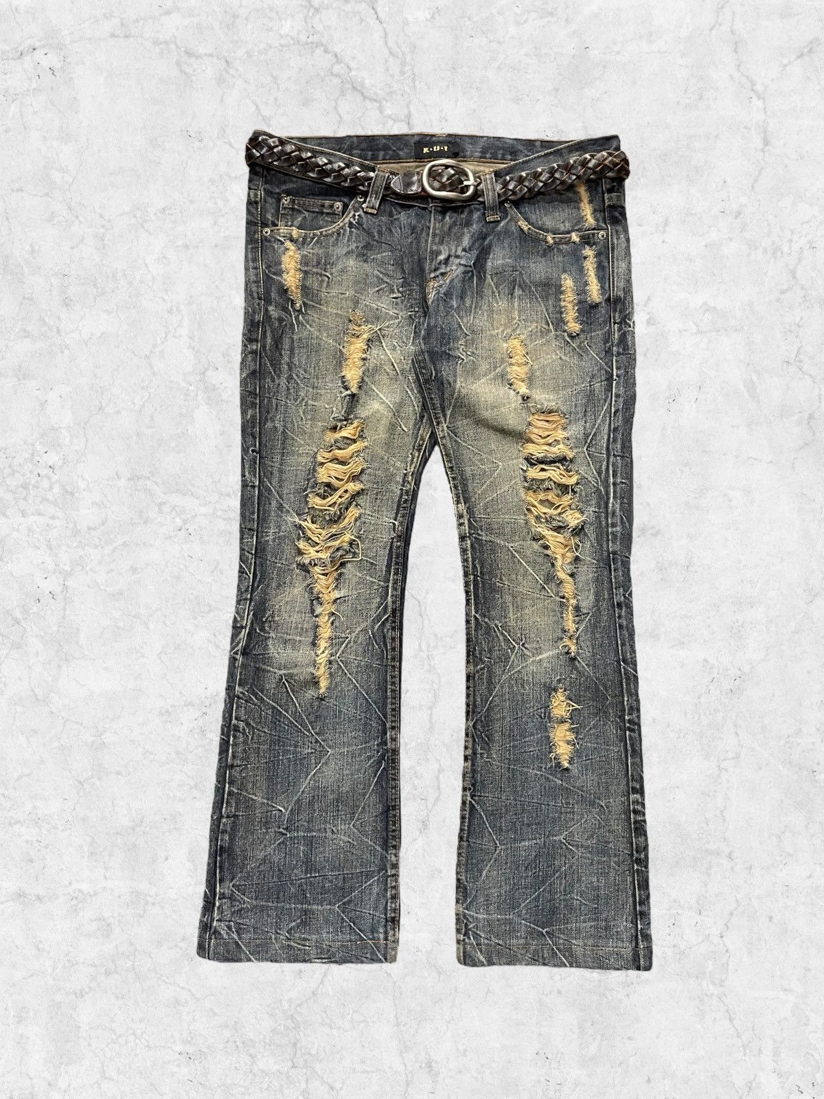 Japan K.U.I Distressed Flare Denim With Leather Braided Belt