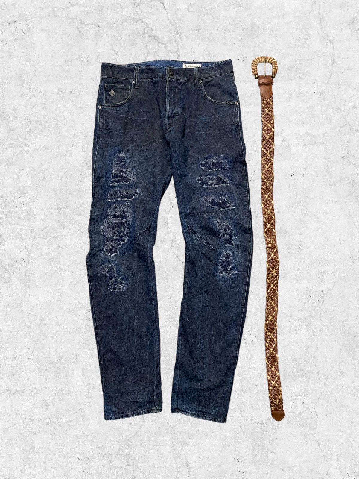 G-Star × Vintage G Star Raw 3D Slim Distressed Denim With Braided Belt Size US 31 - 3 Thumbnail