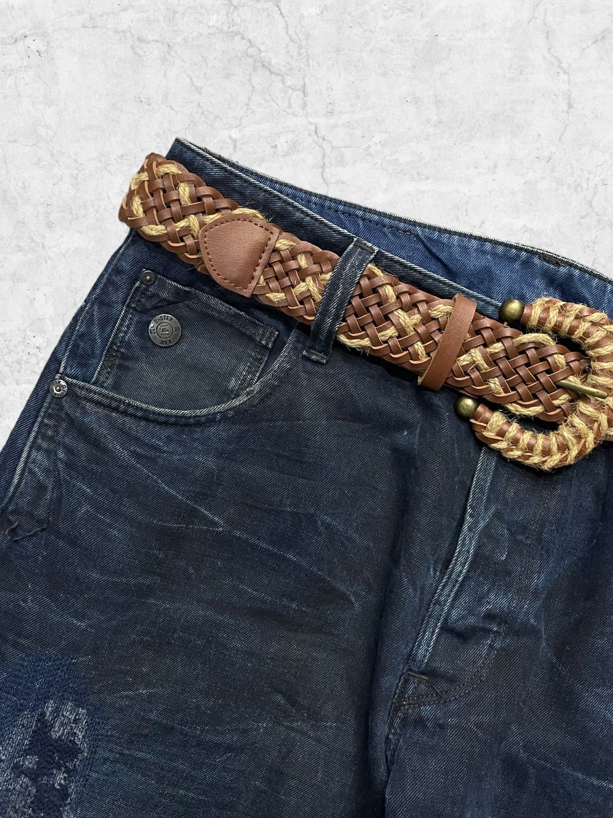 G-Star × Vintage G Star Raw 3D Slim Distressed Denim With Braided Belt Size US 31 - 6 Thumbnail