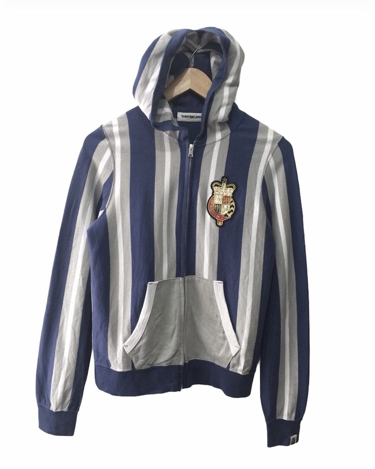 image of Bape x Nigo Striped Crest Hoodie in Blue, Women's (Size XS)