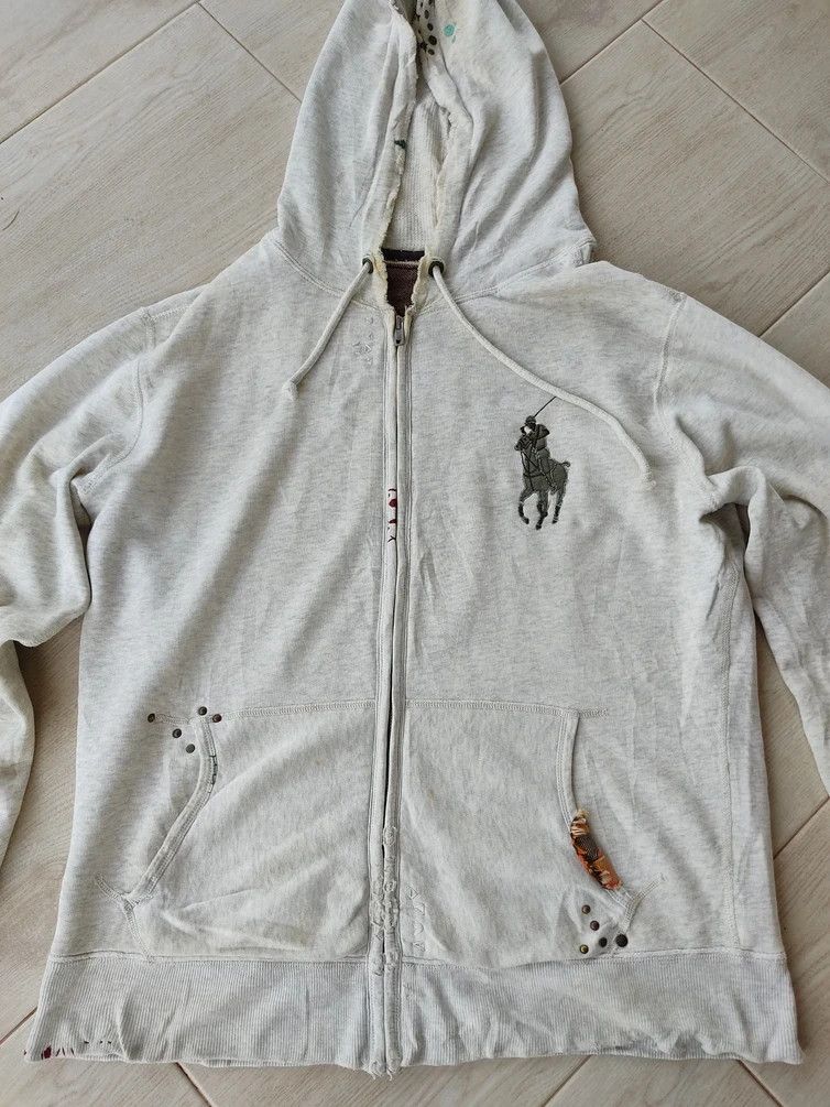 Polo Ralph Lauren Polo By Ralph Lauren Talon Zip Distressed Gray White Hoodie Size US L / EU 52-54 / 3 - 3 Thumbnail