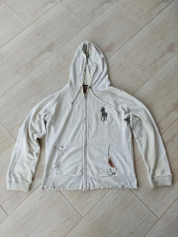 Polo Ralph Lauren Polo By Ralph Lauren Talon Zip Distressed Gray White Hoodie Size US L / EU 52-54 / 3 - 2 Thumbnail