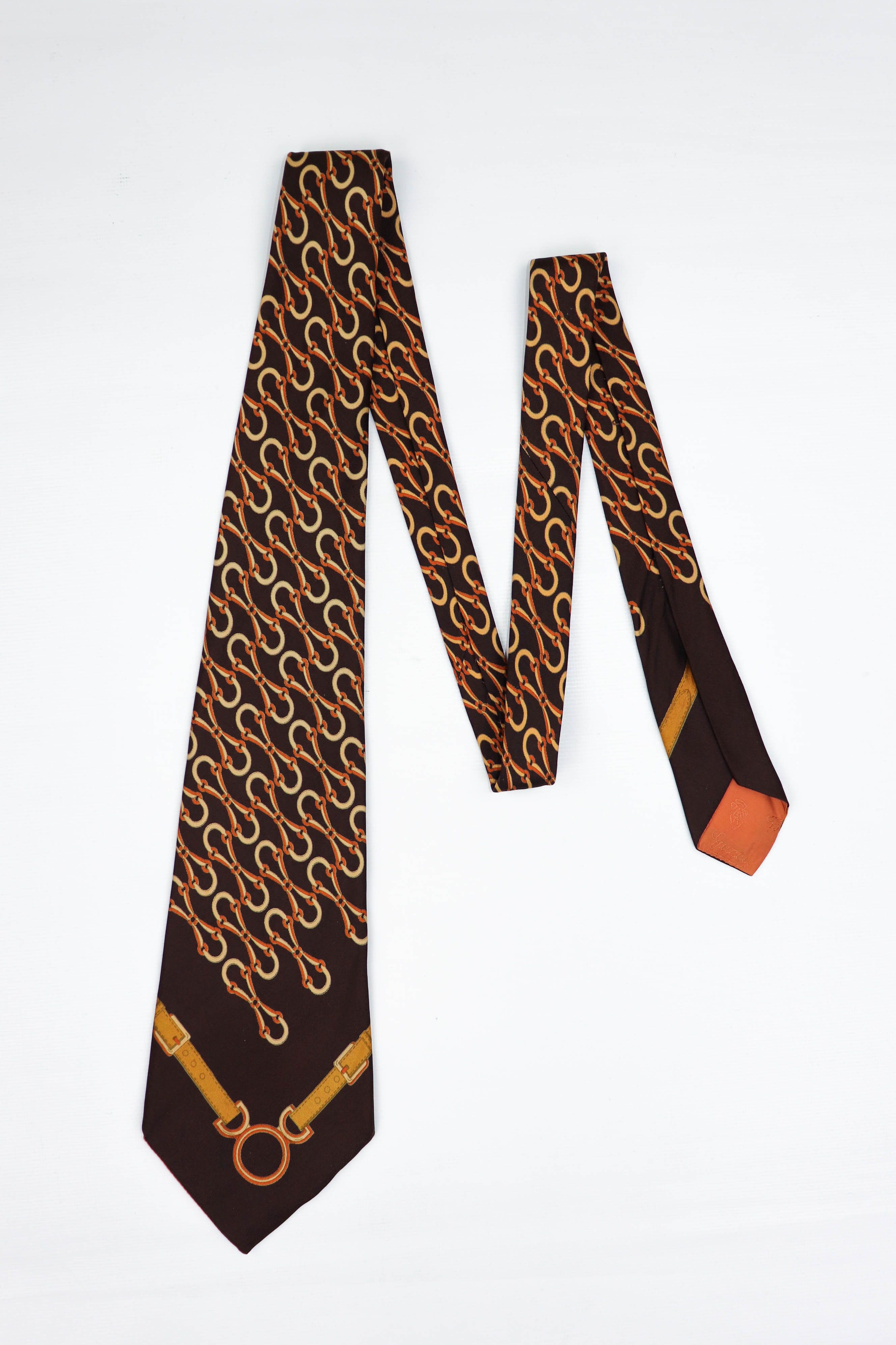 Gucci Vintage Brown Horsebit Monogram Graphics Silk Tie