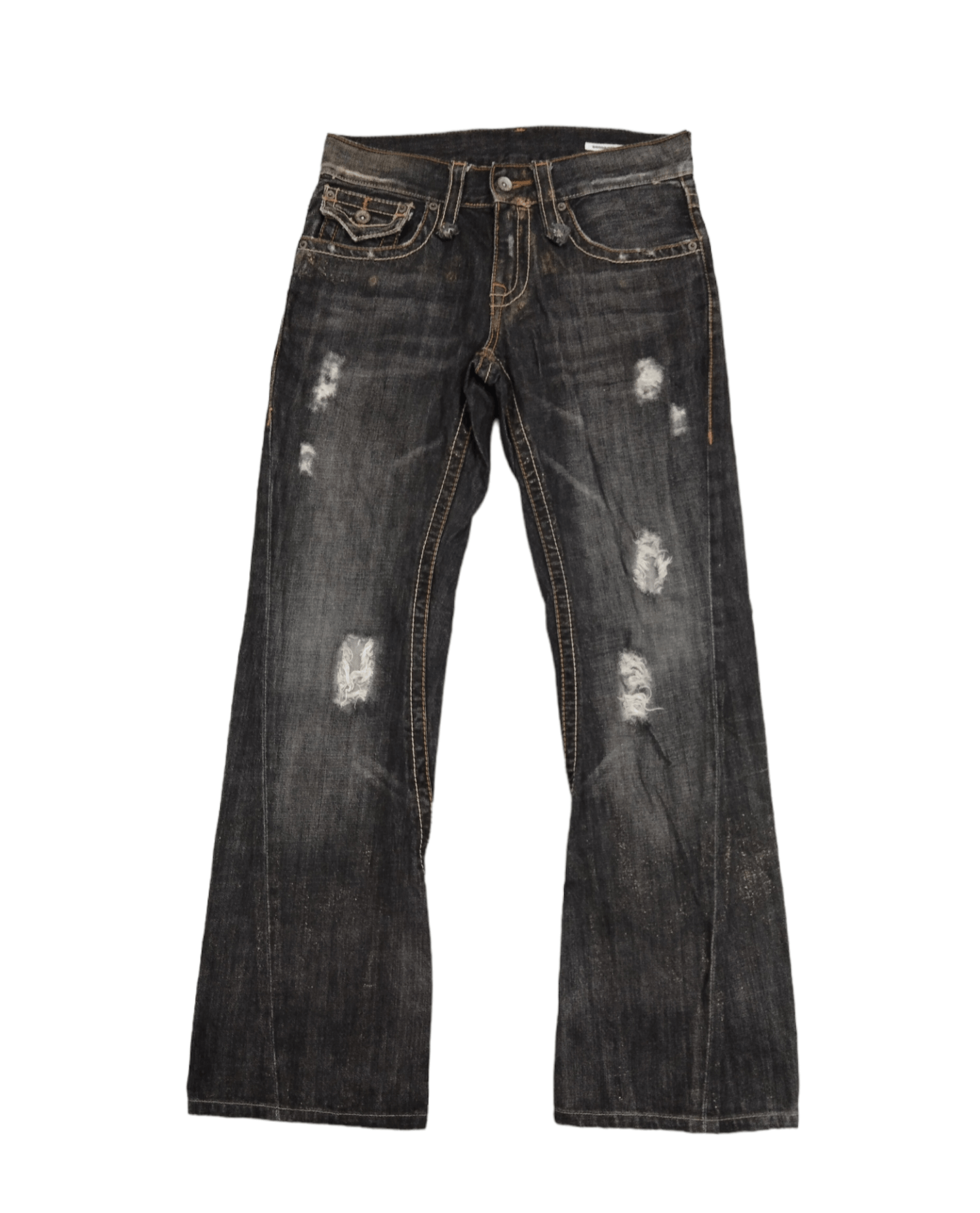 image of Distressed Denim x Vintage Flare Twistsick Riped Semantic Design Denim Pants in Black/Gray (Size 29
