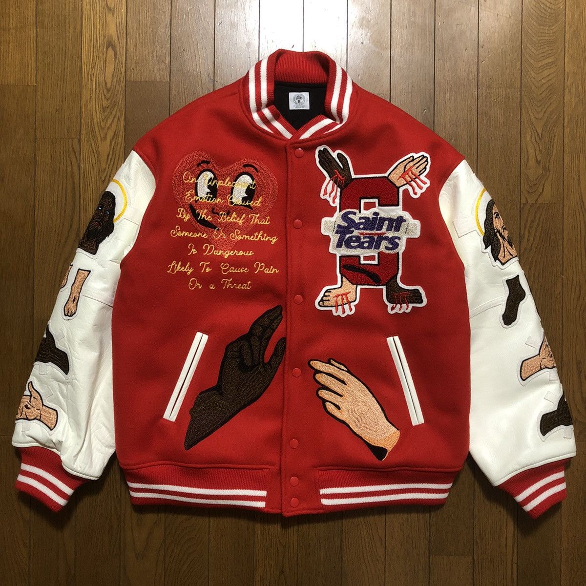 image of Saint Michael Denim Tears Stadium Jacket in Red, Men's (Size Large)