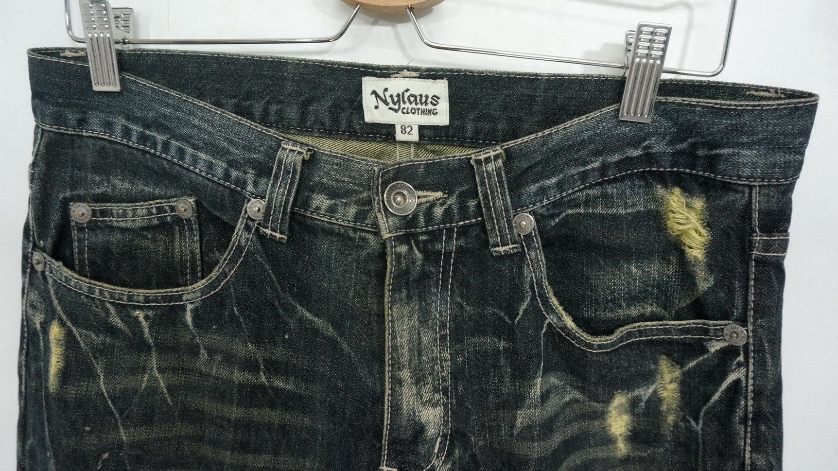 Japanese Brand NYLAUS Distressed Greenish Indigo Ripped Worn Out Jeans Size US 32 / EU 48 - 3 Thumbnail