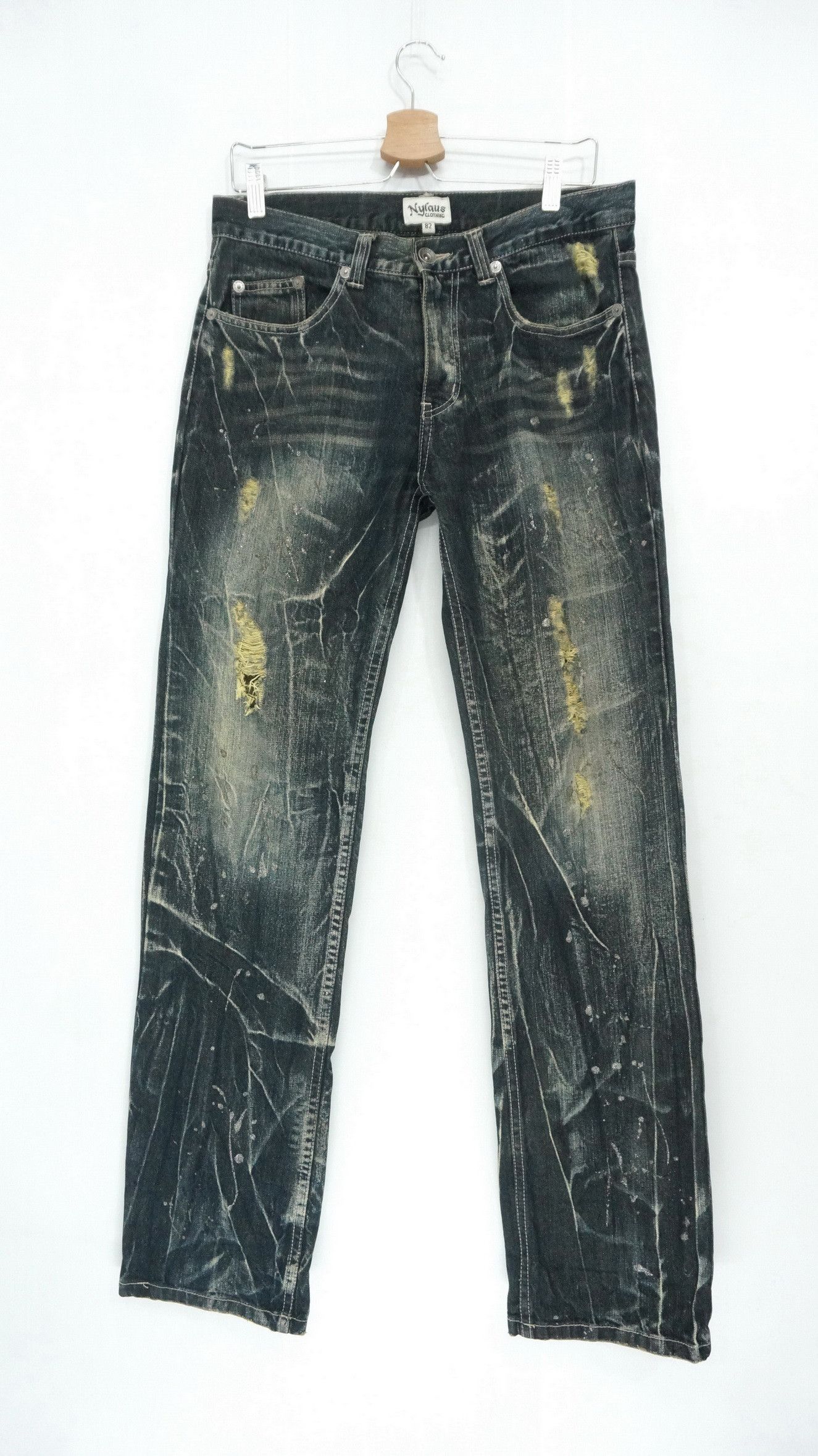 Japanese Brand NYLAUS Distressed Greenish Indigo Ripped Worn Out Jeans Size US 32 / EU 48 - 1 Thumbnail