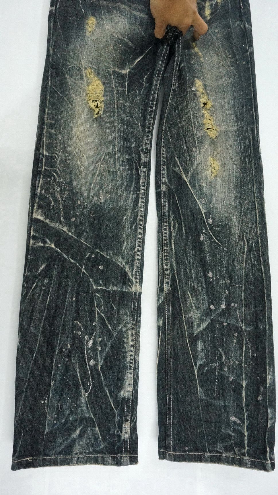 Japanese Brand NYLAUS Distressed Greenish Indigo Ripped Worn Out Jeans Size US 32 / EU 48 - 4 Thumbnail