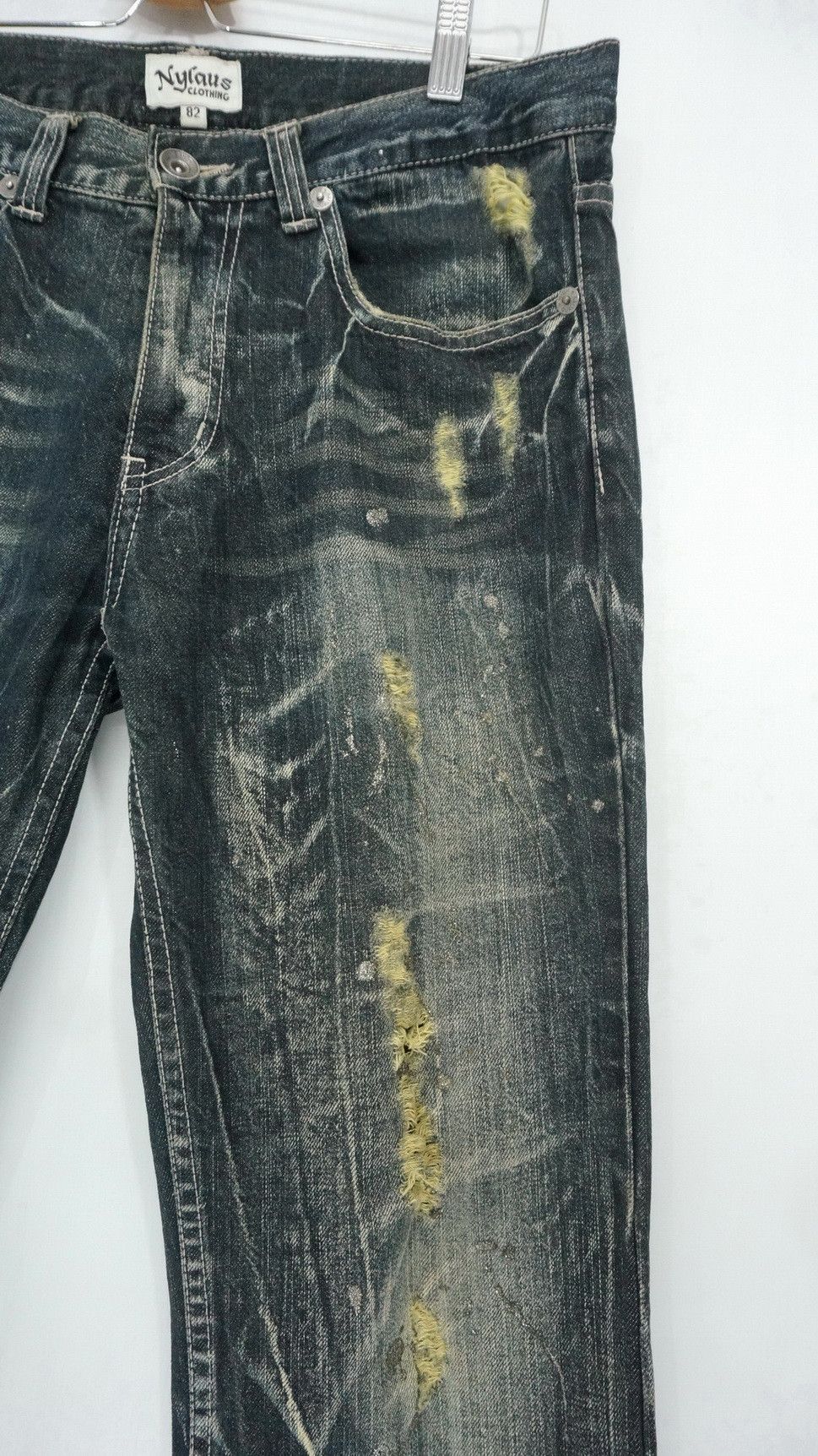 Japanese Brand NYLAUS Distressed Greenish Indigo Ripped Worn Out Jeans Size US 32 / EU 48 - 6 Thumbnail