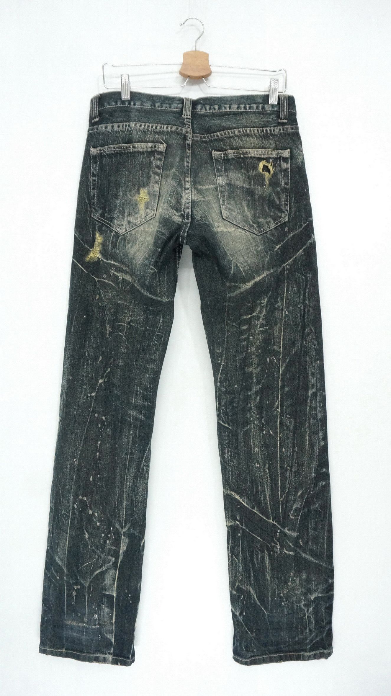 Japanese Brand NYLAUS Distressed Greenish Indigo Ripped Worn Out Jeans Size US 32 / EU 48 - 2 Thumbnail