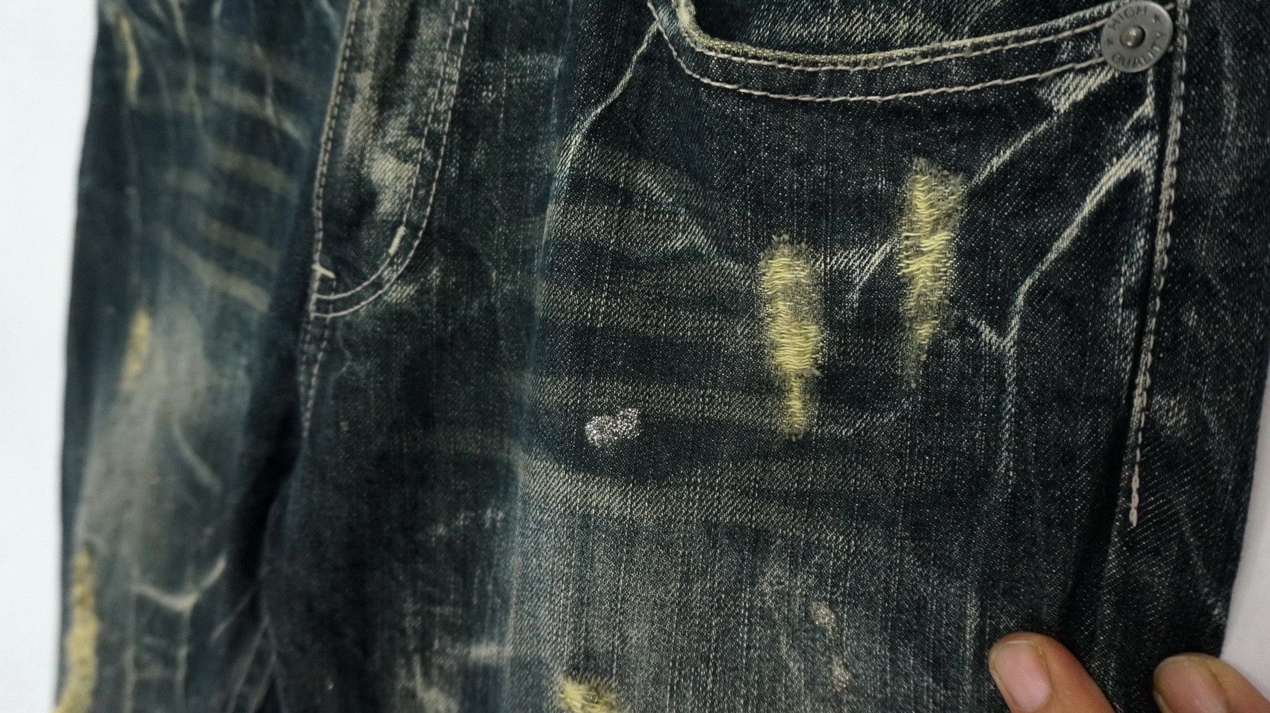 Japanese Brand NYLAUS Distressed Greenish Indigo Ripped Worn Out Jeans Size US 32 / EU 48 - 9 Thumbnail