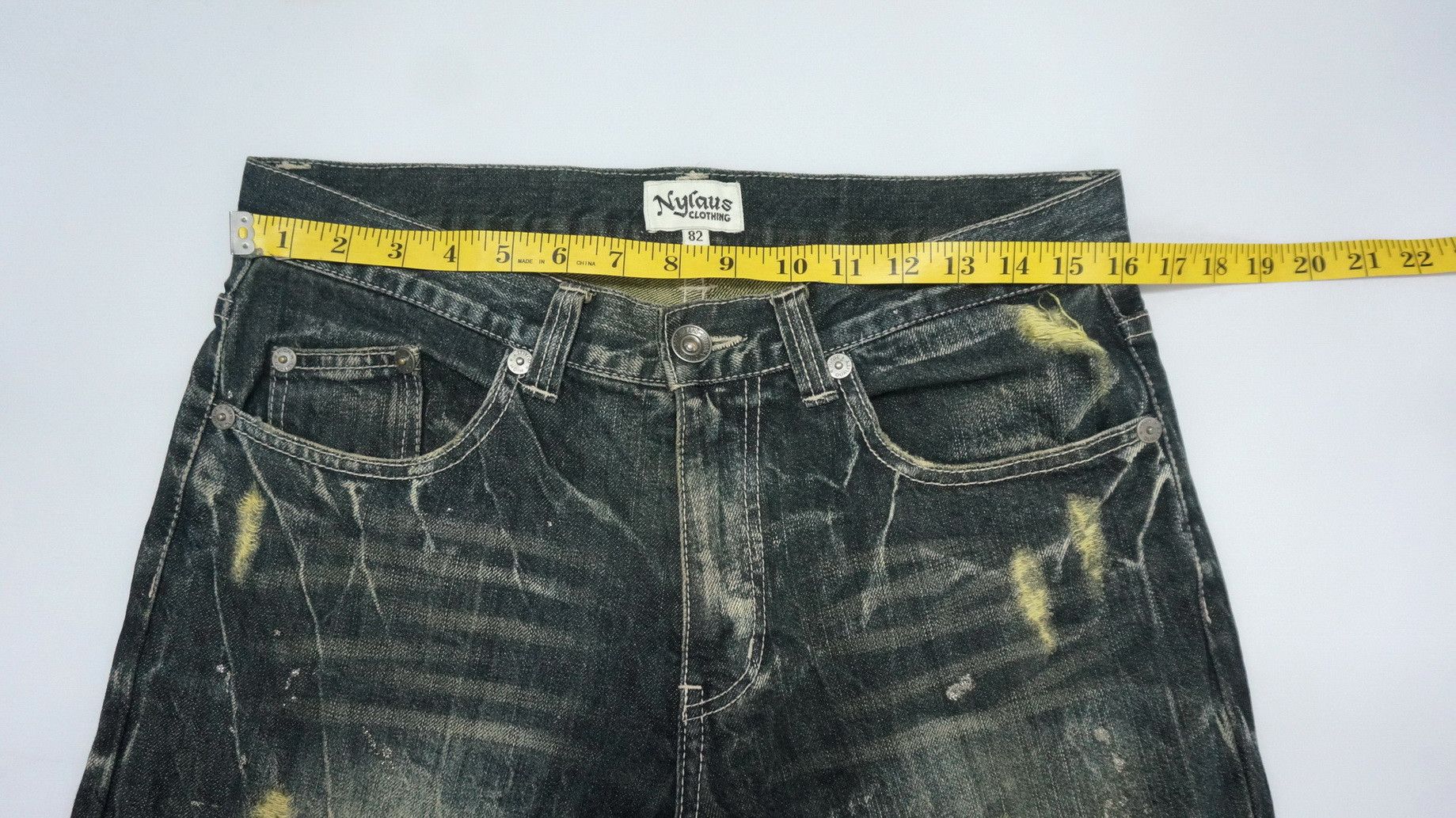 Japanese Brand NYLAUS Distressed Greenish Indigo Ripped Worn Out Jeans Size US 32 / EU 48 - 13 Thumbnail