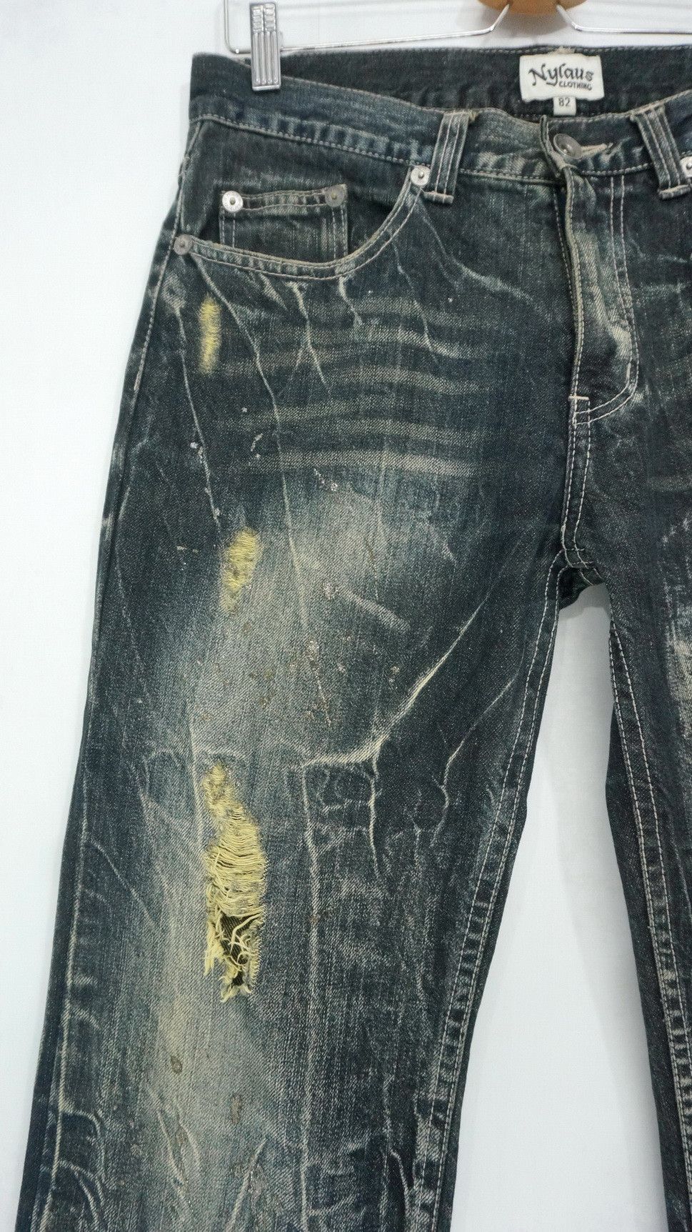 Japanese Brand NYLAUS Distressed Greenish Indigo Ripped Worn Out Jeans Size US 32 / EU 48 - 5 Thumbnail