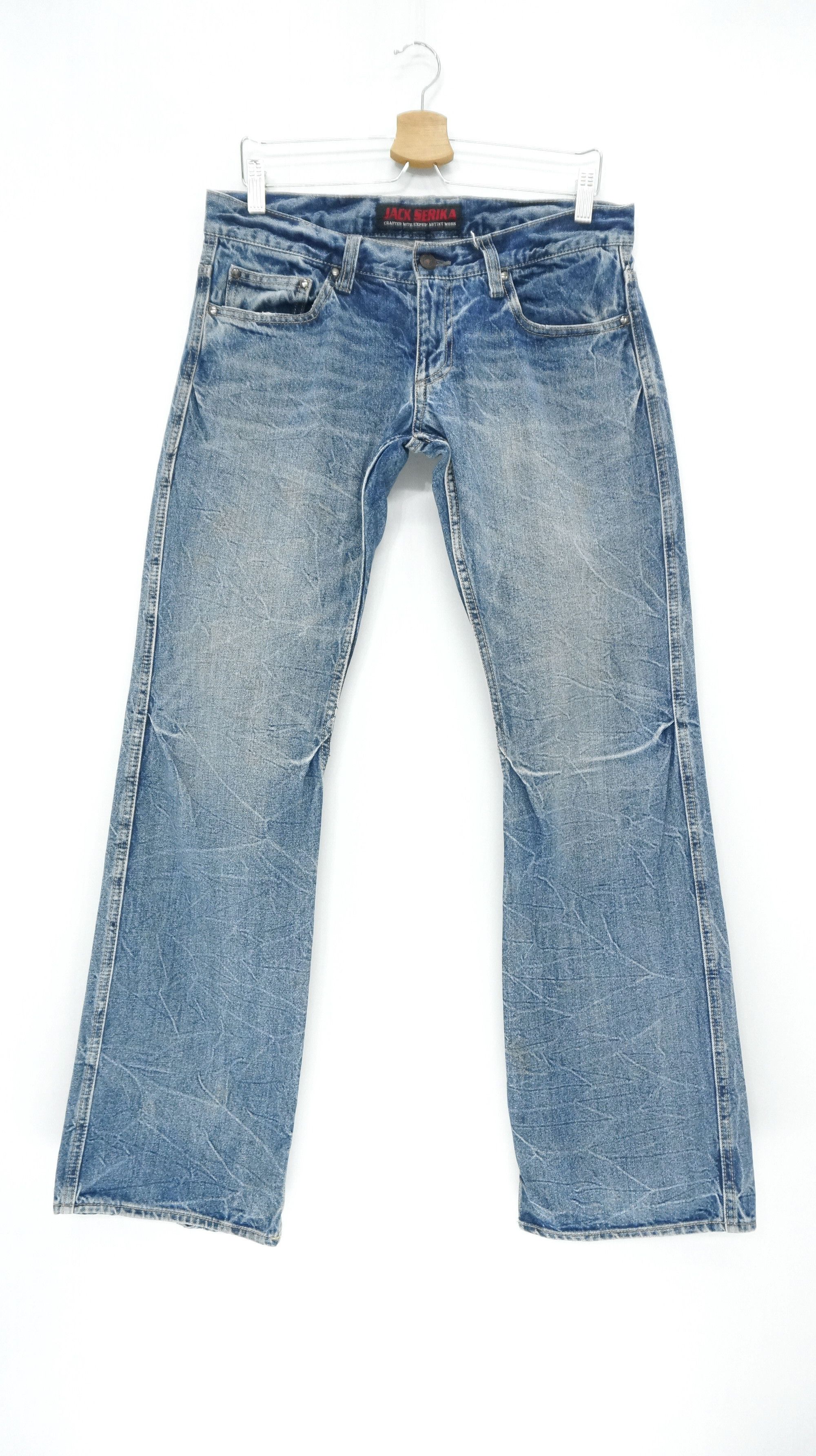 Japanese Brand VTG FLARE 🔥 JACK SERIKA Wings Printed Blue Jeans Size US 33 - 2 Thumbnail