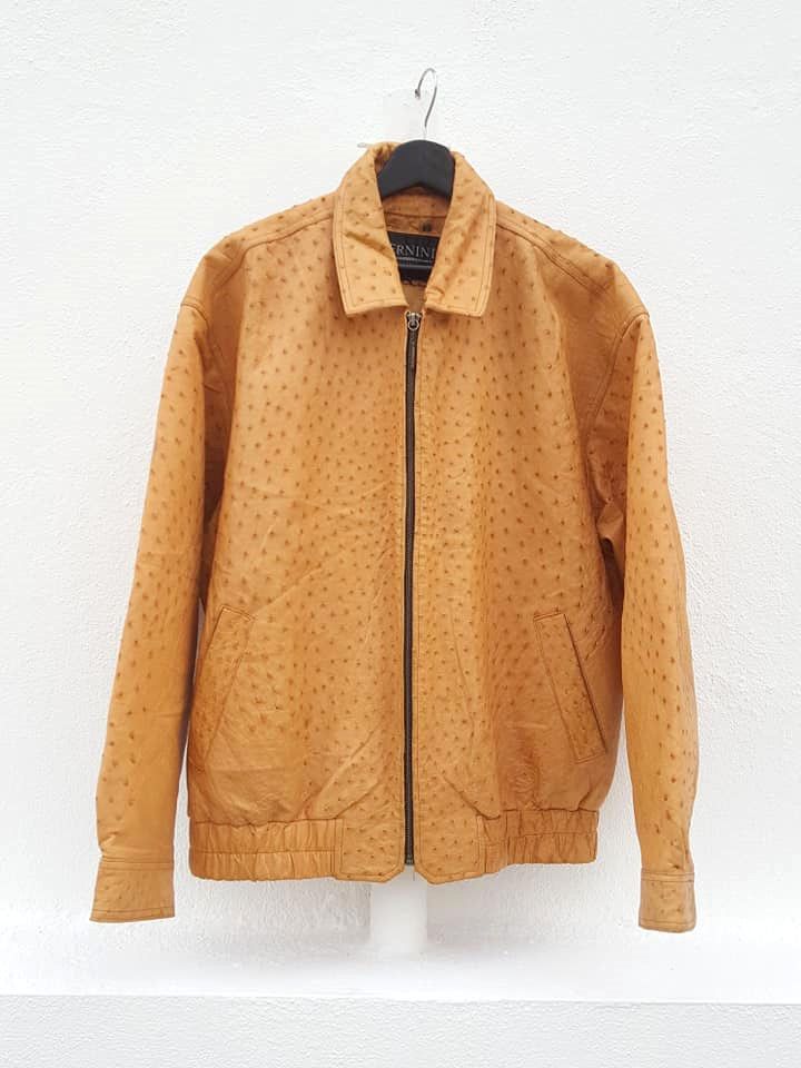 image of Bernini Beverly Hills Ostrich Genuine Leather Bomber Jacket in Gold, Men's (Size Large)