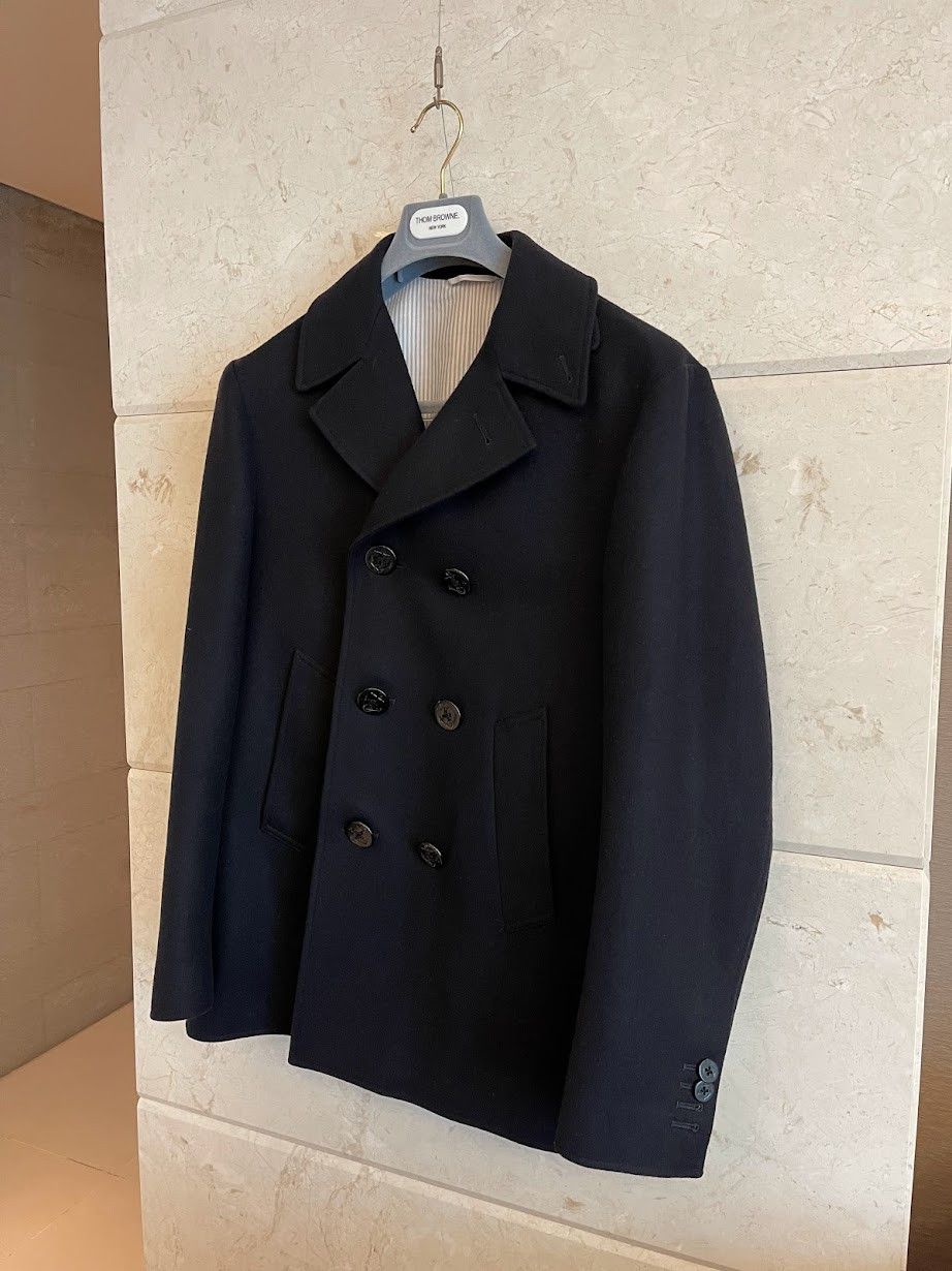 image of Thom Browne Navy Wool Pea Coat, Men's (Size Small)