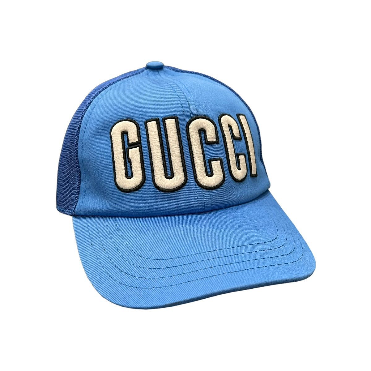 image of Gucci Patch Logo Trucker Hat in Blue, Men's