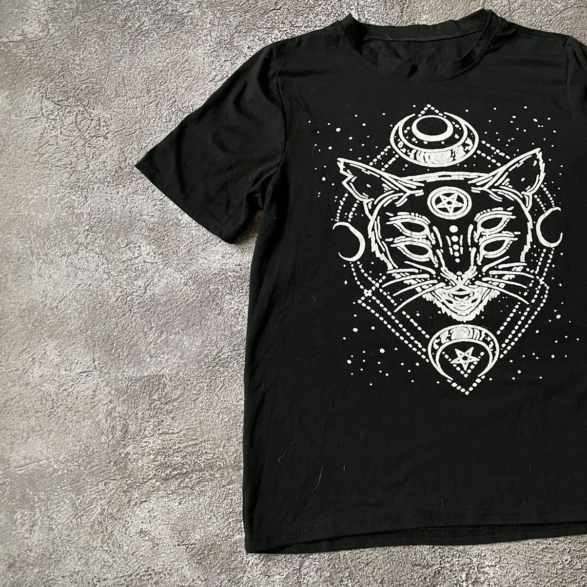 Vintage Vintage Y2K Occult Cat Graphic Tee Dark Grunge Streetwear M Size US M / EU 48-50 / 2 - 4 Thumbnail