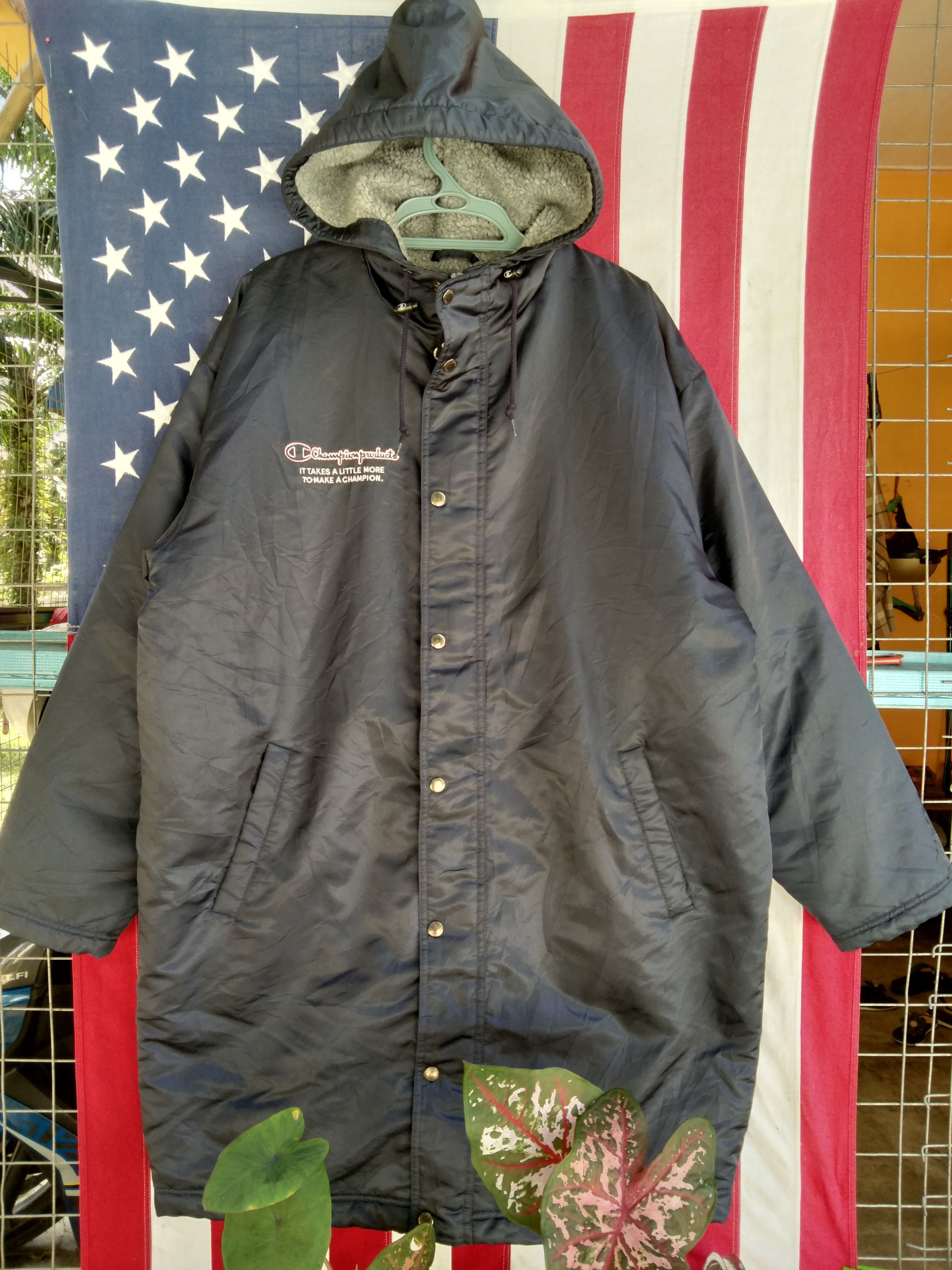 image of Champion Hoodie Sherpa Parka Long Jacket Big Logo in Blue, Men's (Size Large)