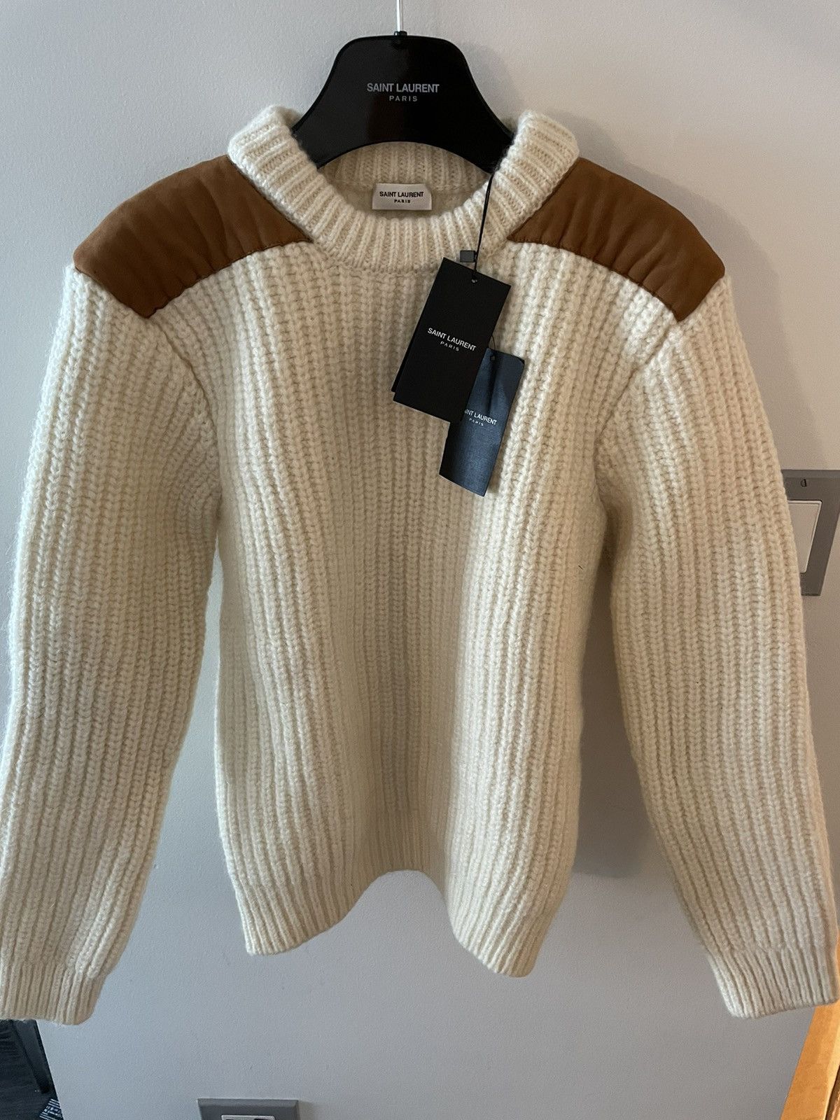 Hedi Slimane × Saint Laurent Paris × Yves Saint Laurent Rare $1,550Value Sold Out Limited Leather Patch Wool Sweater Size M / US 6-8 / IT 42-44 - 15 Thumbnail