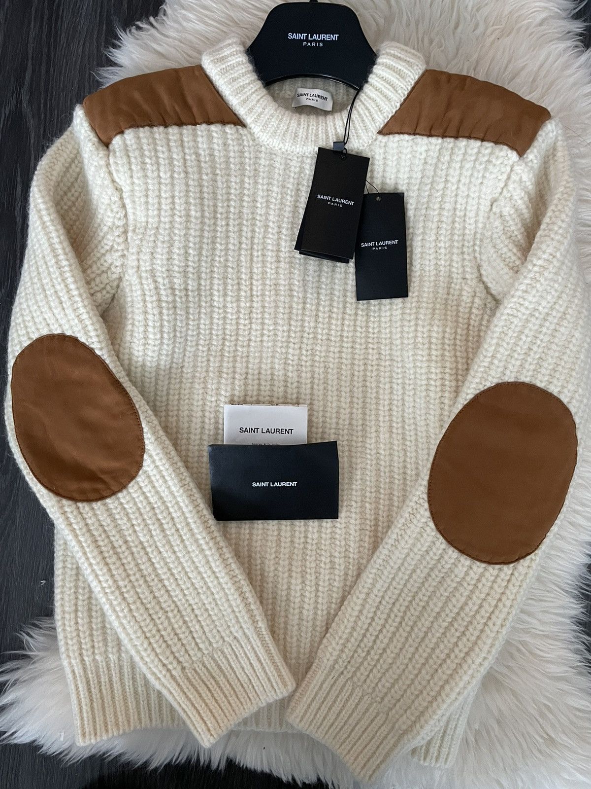 Hedi Slimane × Saint Laurent Paris × Yves Saint Laurent Rare $1,550Value Sold Out Limited Leather Patch Wool Sweater Size M / US 6-8 / IT 42-44 - 14 Thumbnail
