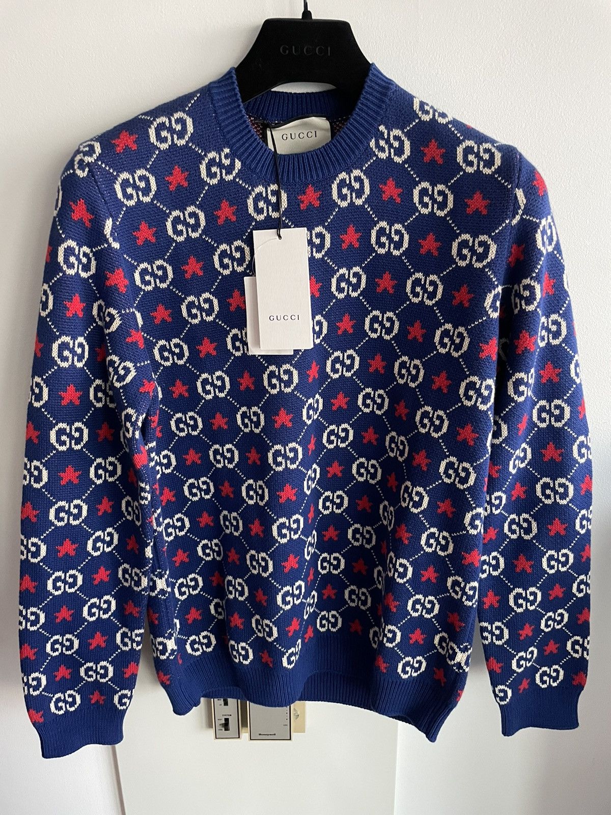 image of Gucci $2,500 Value New Runway GG Logo Star Sweater in Blue, Women's (Size XL)