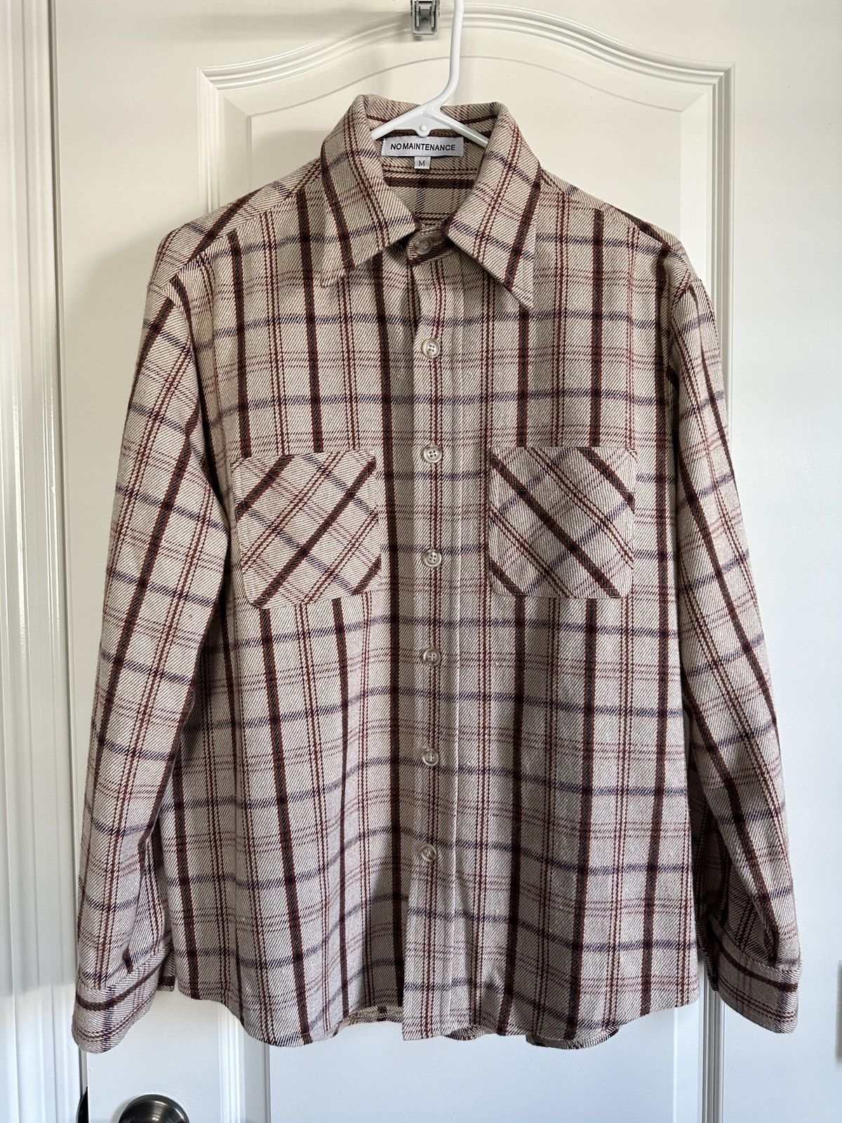 image of No Maintenance Checks Plaids Tartan Flannel Shirt Sample in Beige Ivory Cream Sand Ecru (Size Mediu