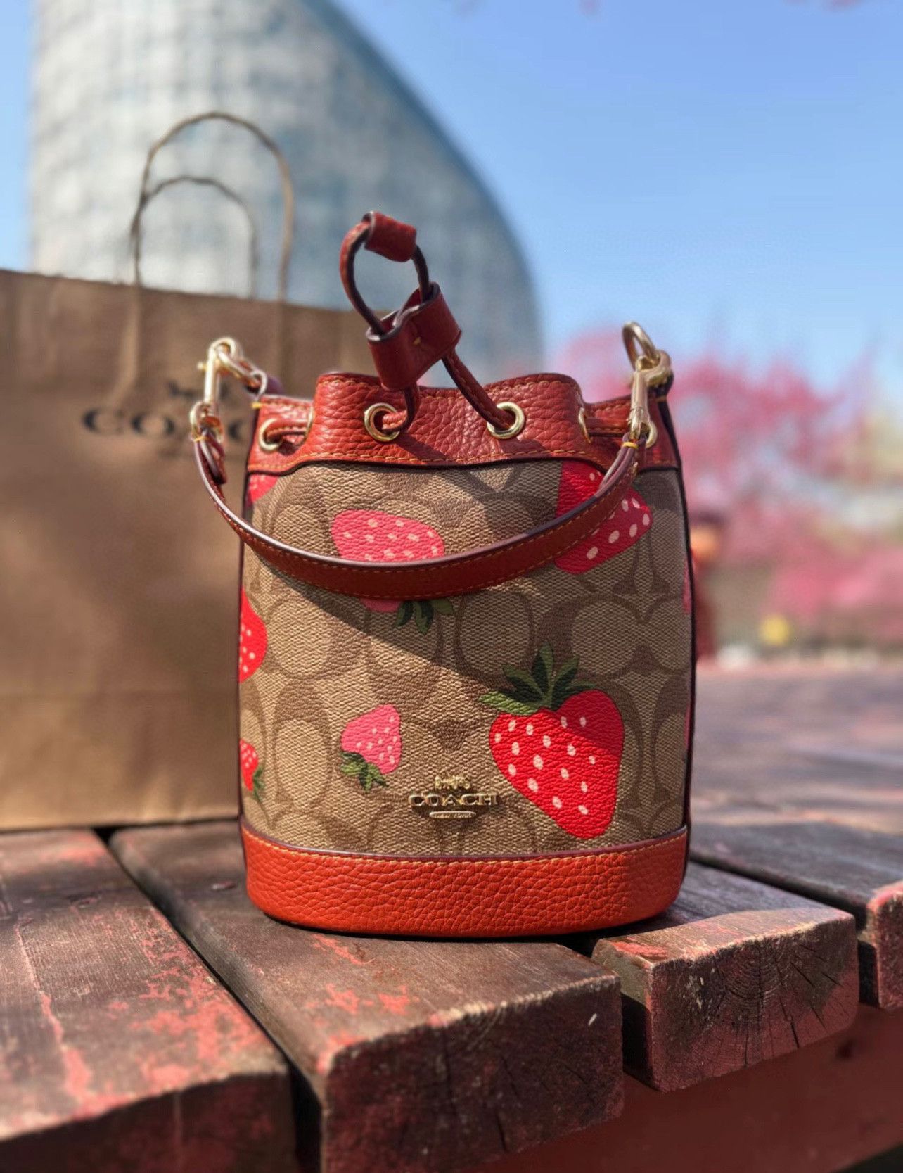 COACH Mini Dempsey Bucket Bag In Signature，Wild Strawberry