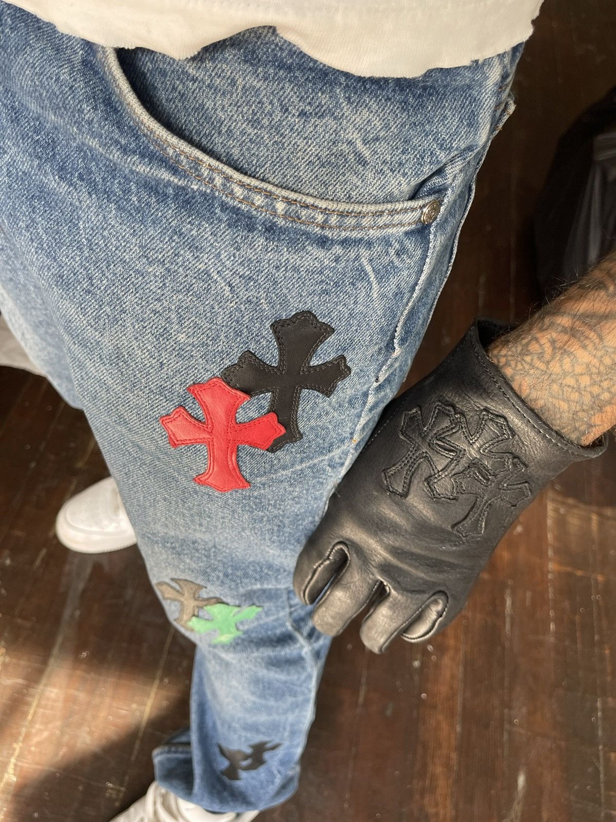 image of Chrome Hearts Cross Patch Leather Black Gloves, Men's