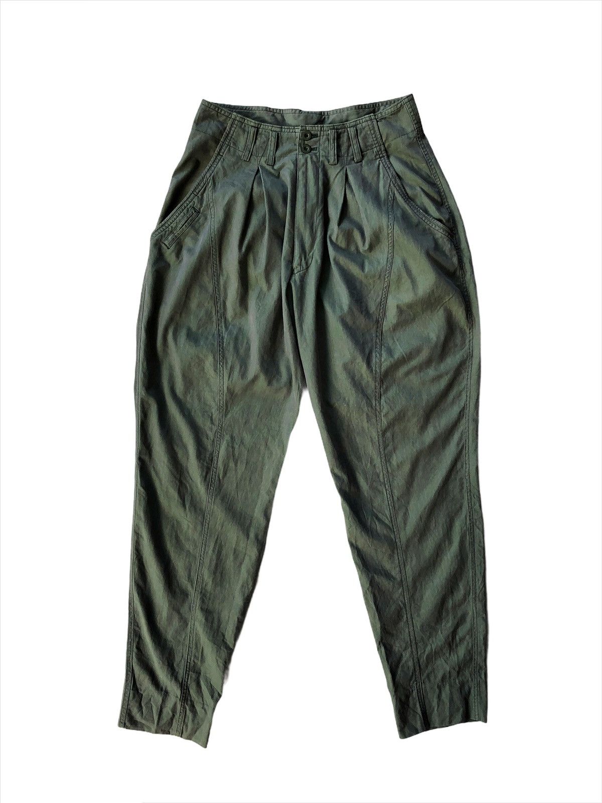 image of Issey Miyake Yoshiyuki Konishi Cinch Back Gabardine Pants in Olive Green, Men's (Size 29)