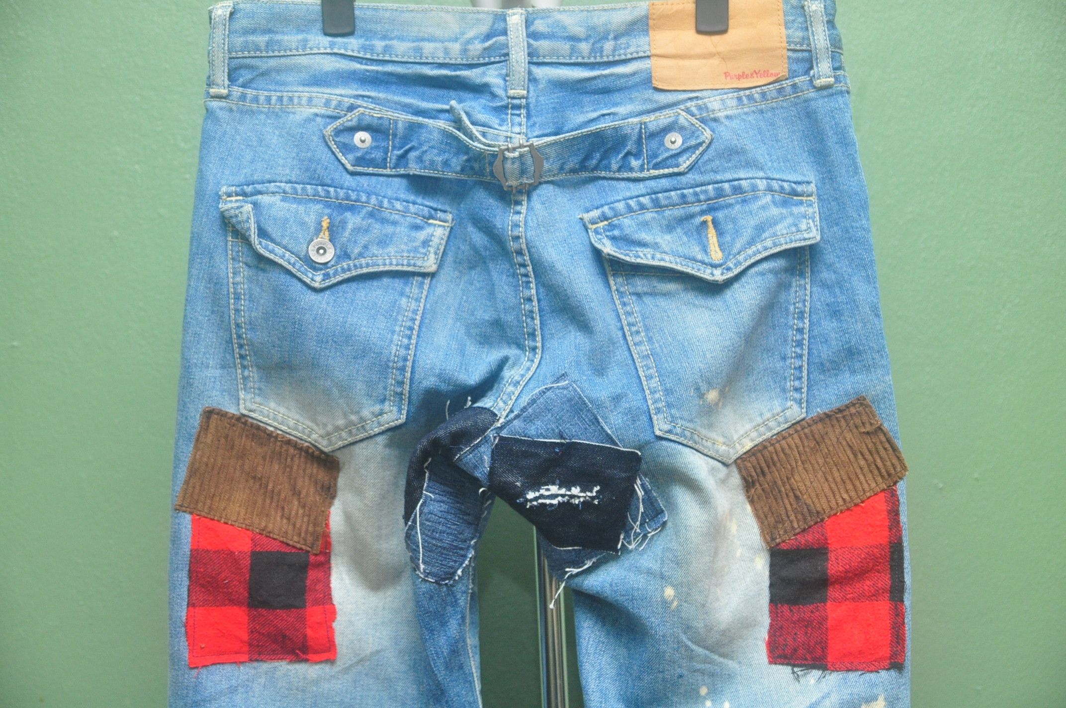 Designer × Japanese Brand Purple & Yellow Patchwork Denim Jeans Travis Scott Style Size US 34 / EU 50 - 5 Thumbnail