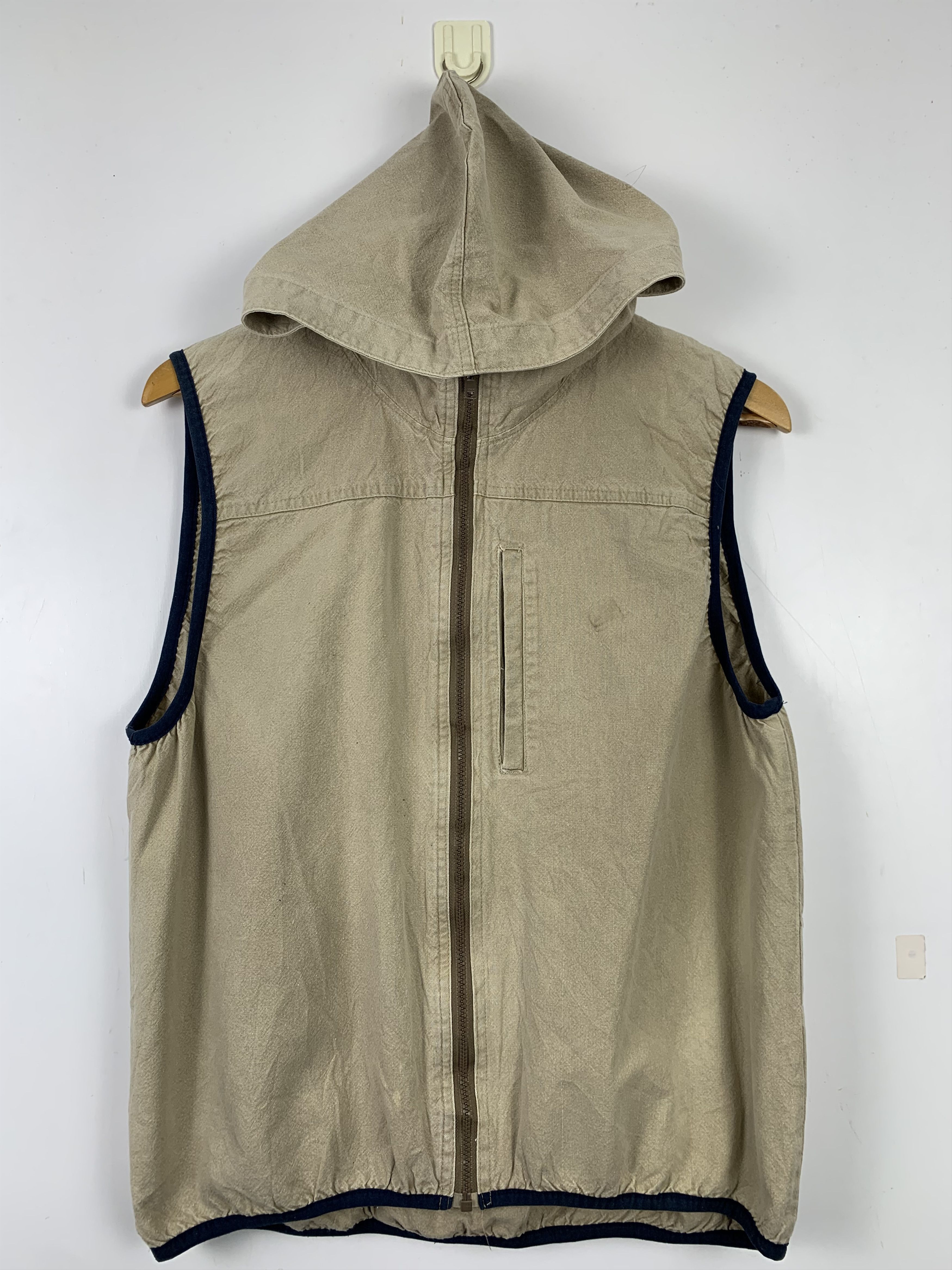 image of Vintage Cotton Zip Up Hoodie Vest in Khaki, Men's (Size Small)