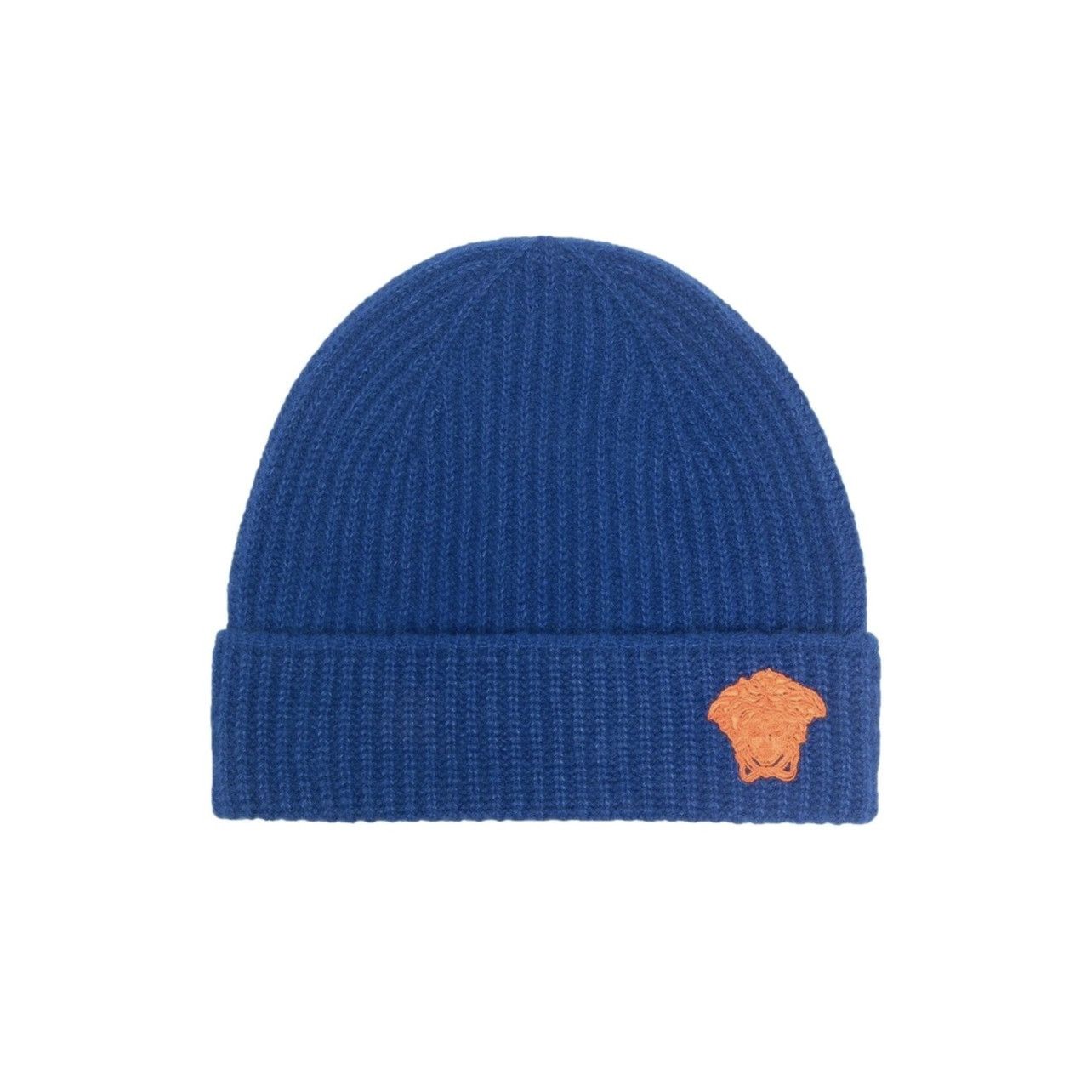 image of Versace Medusa Embroidered Cashmere Lana Wool Beanie Hat in Blue, Men's