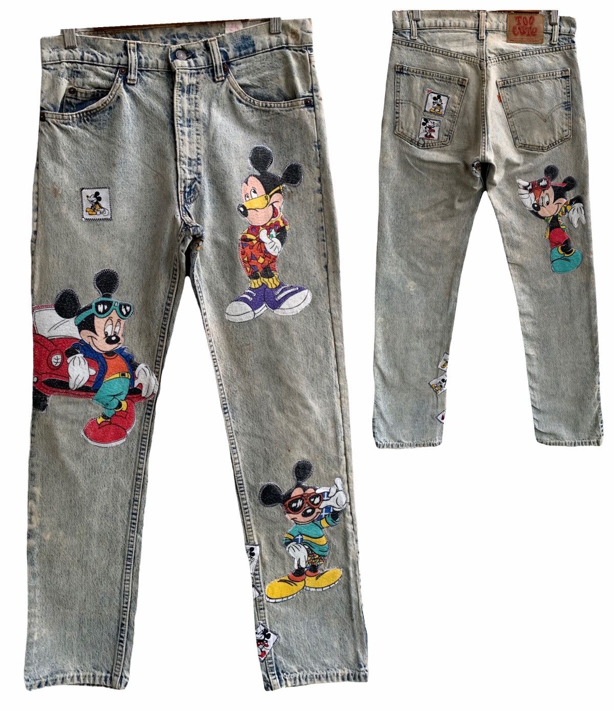image of Guetta Bros Too Cute x Levis Vintage Levis Too Cute Micky Mouse Patches Distressed Jeans in Asid Wa