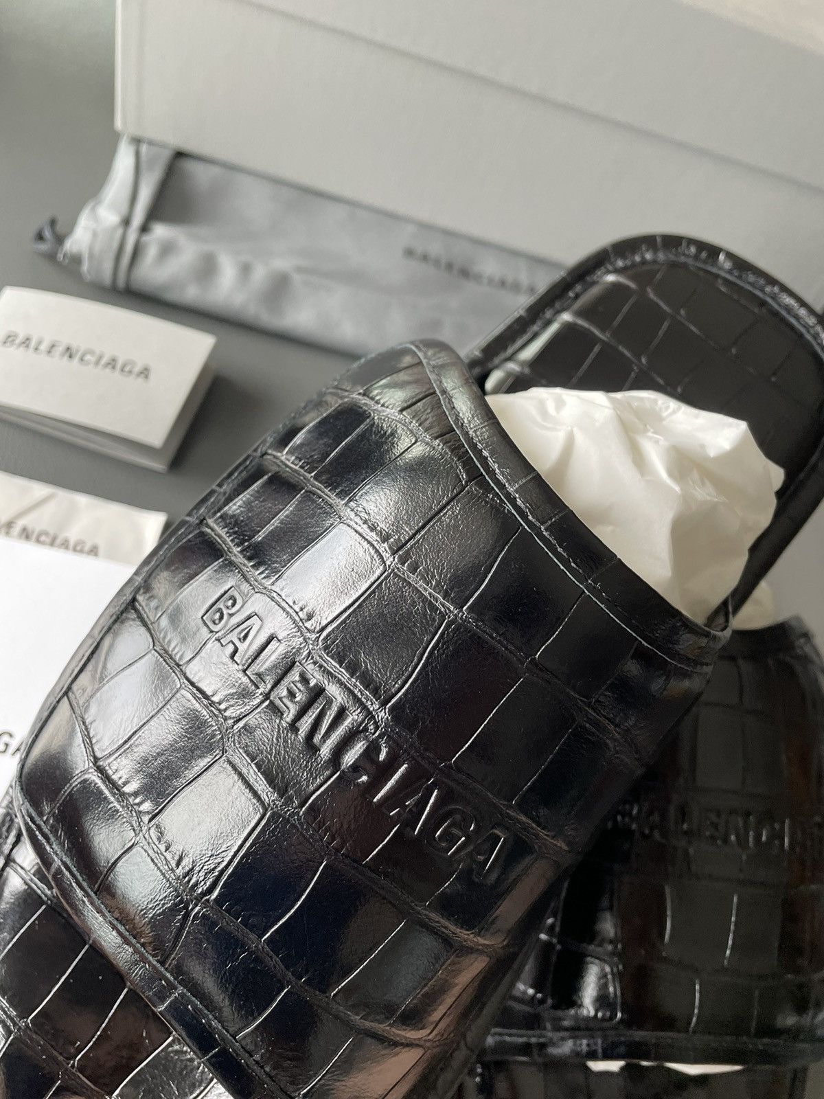 Balenciaga Rare New Super Runway Croc Embossed Leather Slides Shoes Size US 12.5 / EU 45-46 - 3 Thumbnail