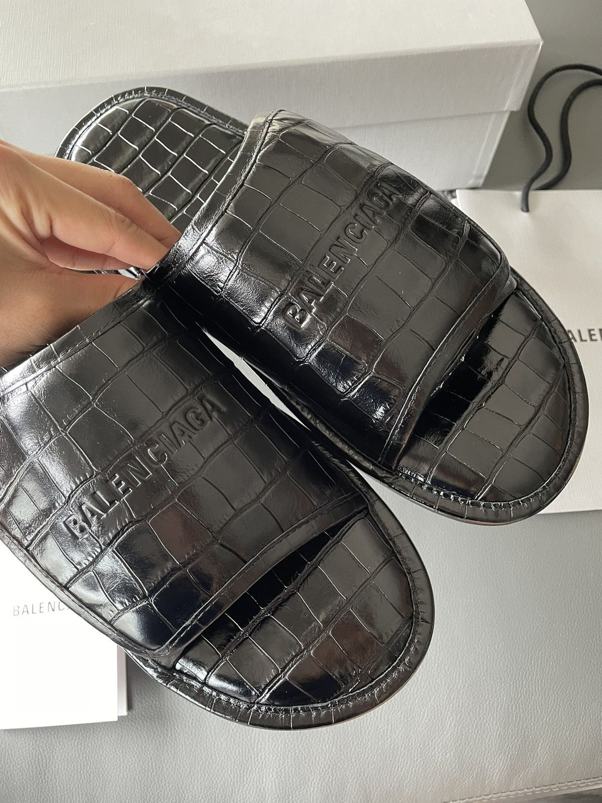 Balenciaga Rare New Super Runway Croc Embossed Leather Slides Shoes Size US 12.5 / EU 45-46 - 25 Thumbnail