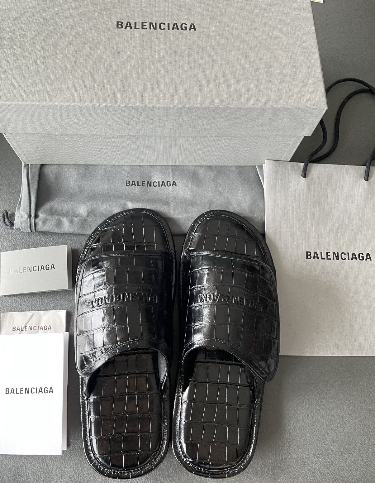 Balenciaga Rare New Super Runway Croc Embossed Leather Slides Shoes Size US 12.5 / EU 45-46 - 18 Thumbnail