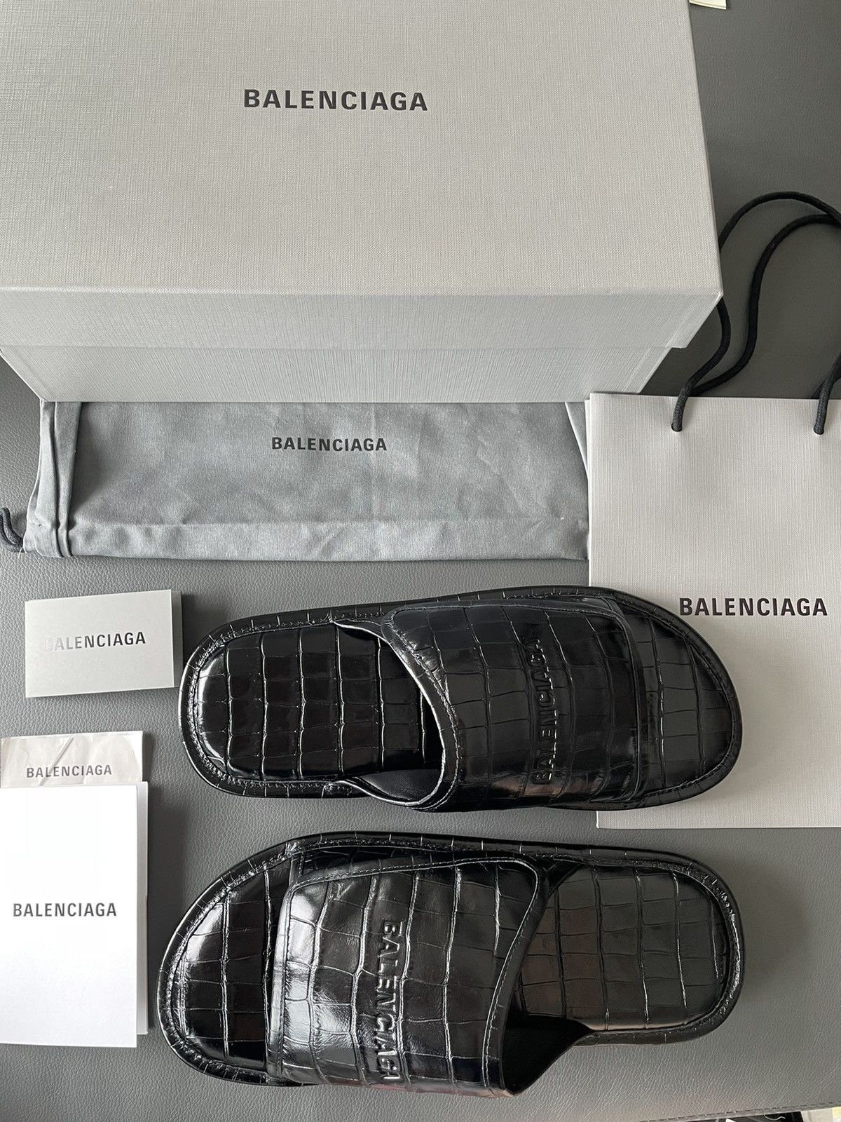 Balenciaga Rare New Super Runway Croc Embossed Leather Slides Shoes Size US 12.5 / EU 45-46 - 22 Thumbnail