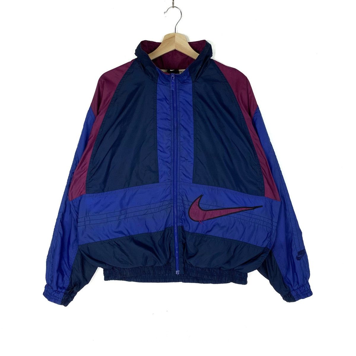 Vintage NIKE Spell Out Swoosh Color Block Jacket 90s Black Red Blue L