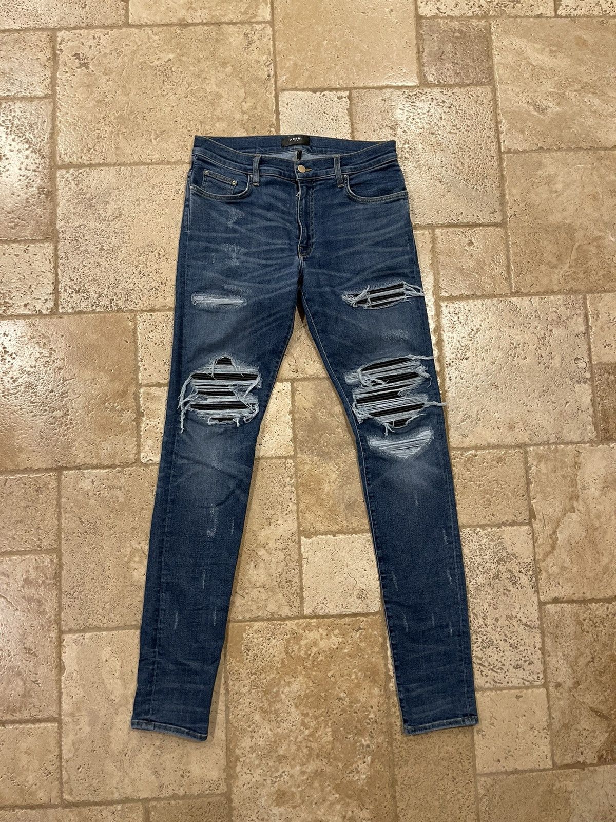 image of Mike Amiri OG 2016 Mx1 Blue Denim Leather Inserts Jeans, Men's (Size 33)