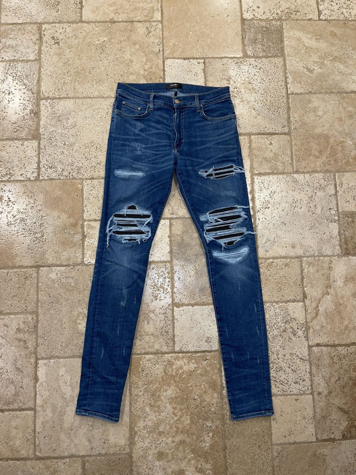 Amiri Mike Amiri OG 2016 MX1 Blue Denim Leather Inserts Jeans Size US 33 - 10 Thumbnail