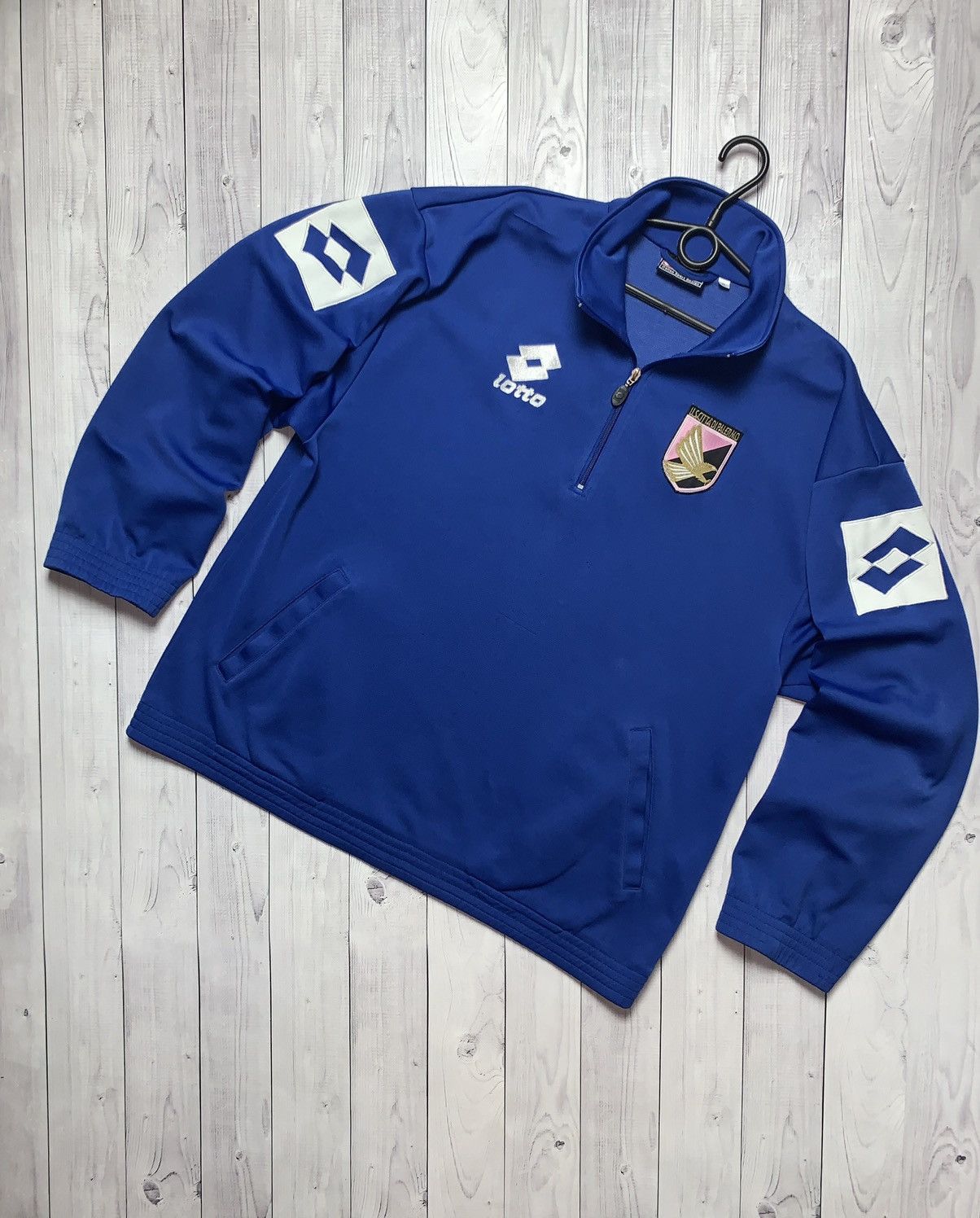 image of Vintage Soccer Jacket Palermo Lotto Big Logo Size XL in Blue, Men's