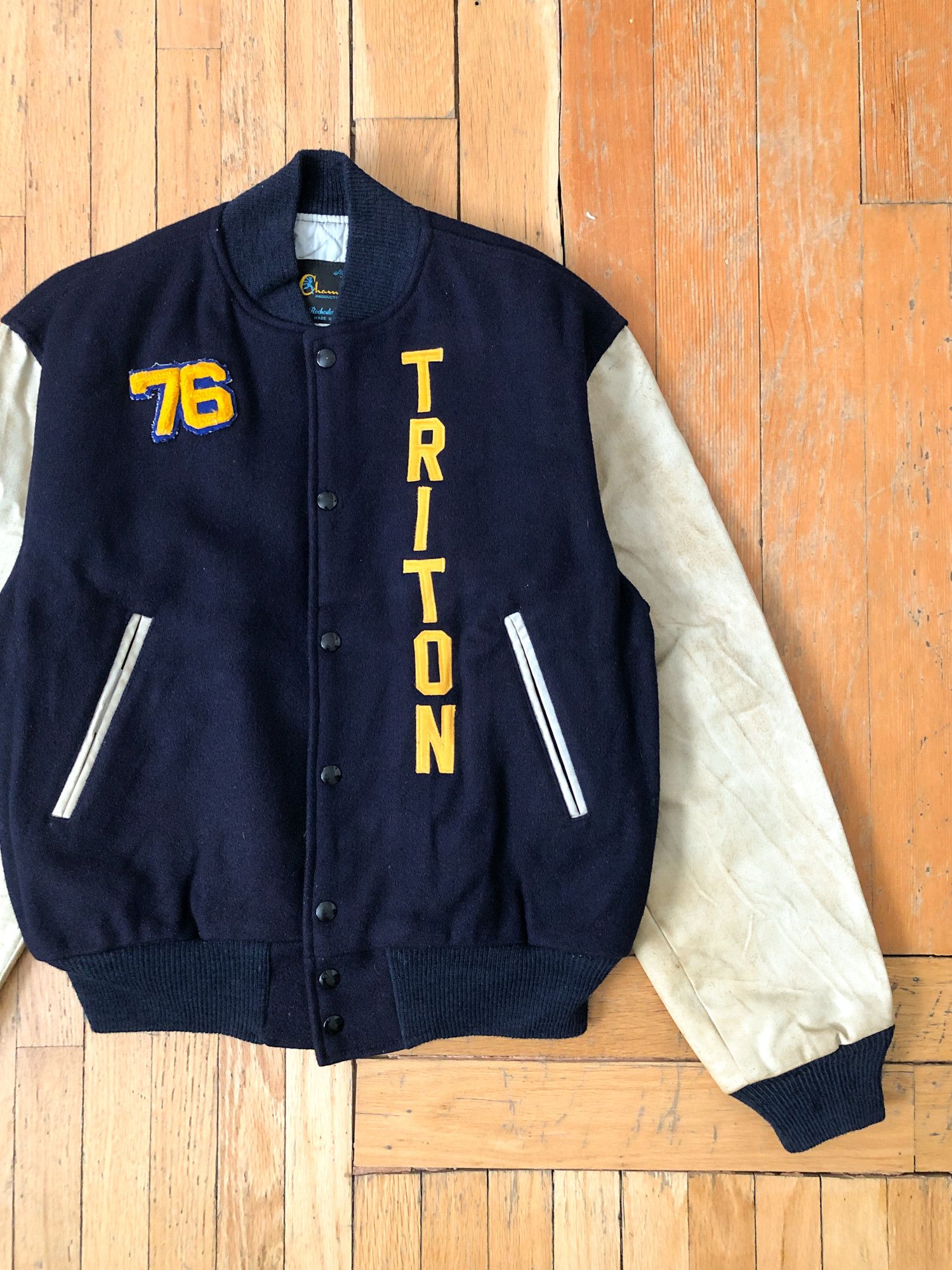 image of 1976 Boxy 'trojans' Triton College Champion Varsity Jacket in Navy, Men's (Size Medium)